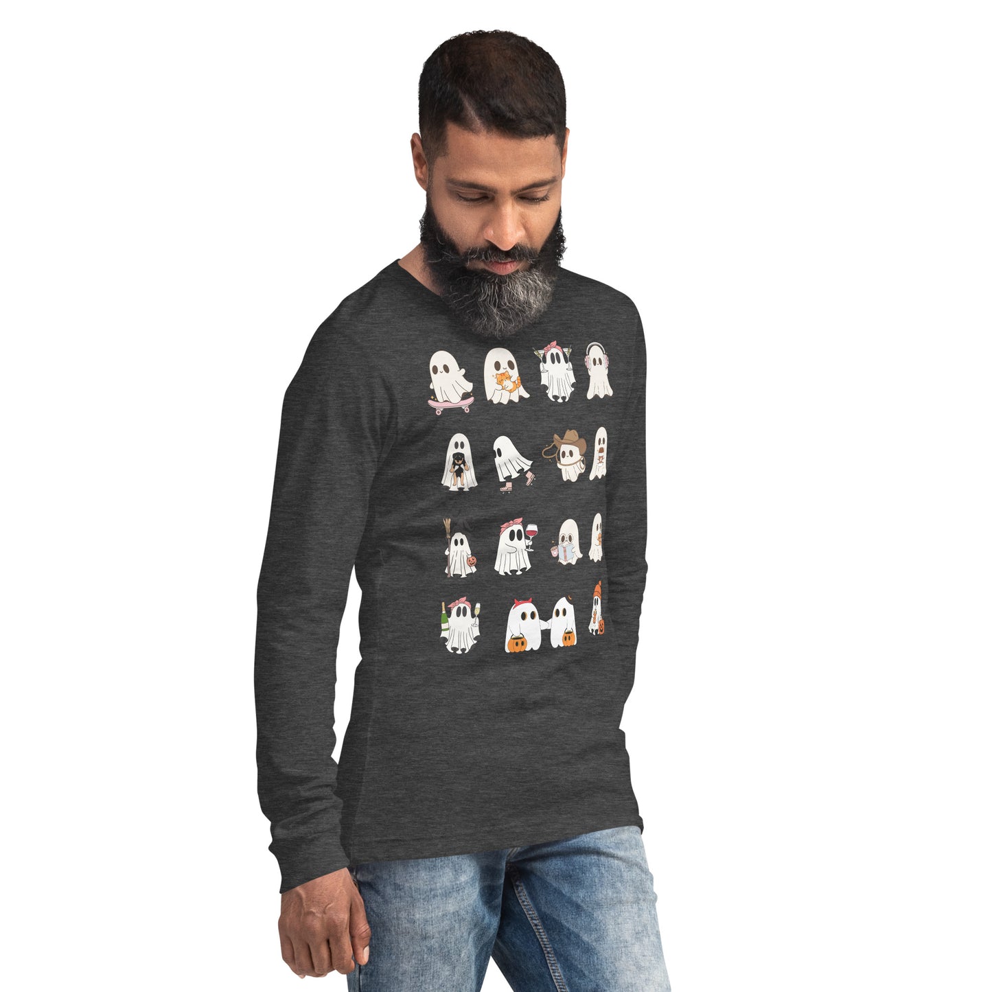 Spectral Long Sleeve Shirt - Left Placement image 32 in Dark Grey Heather, size S, showing front view, right-side angle for the Ghosts design.