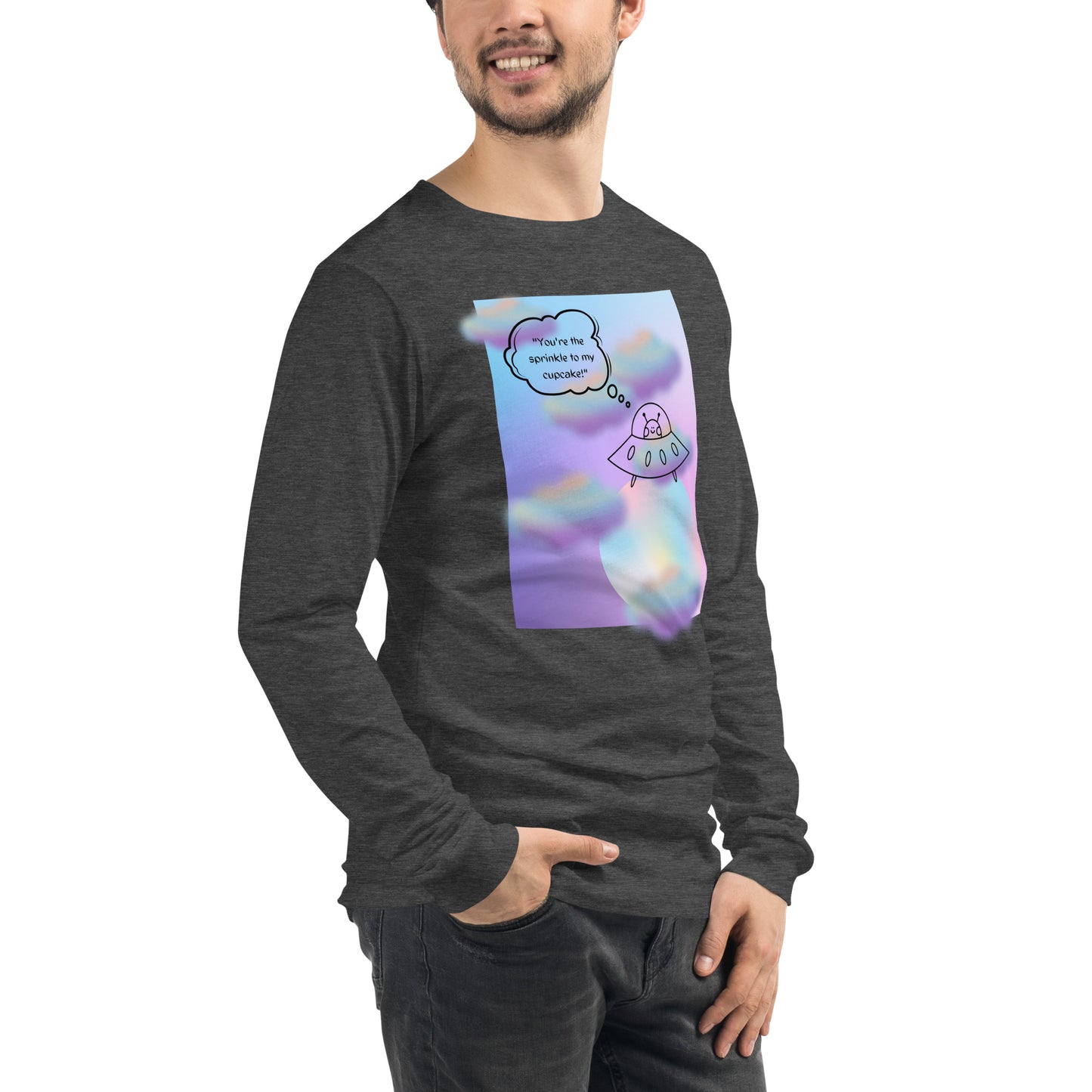 Sprinkle Theory Long Sleeve Shirt - Left Placement product image 48 in Heather Deep Teal, size M, with front view, right-side angle and left placement.
