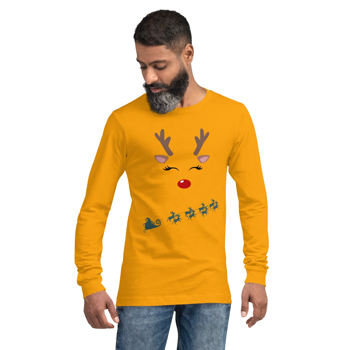 Northern Run Long Sleeve Shirt - Left Placement image 19: Heather Forest version, size XS with front view of the Reindeer range.
