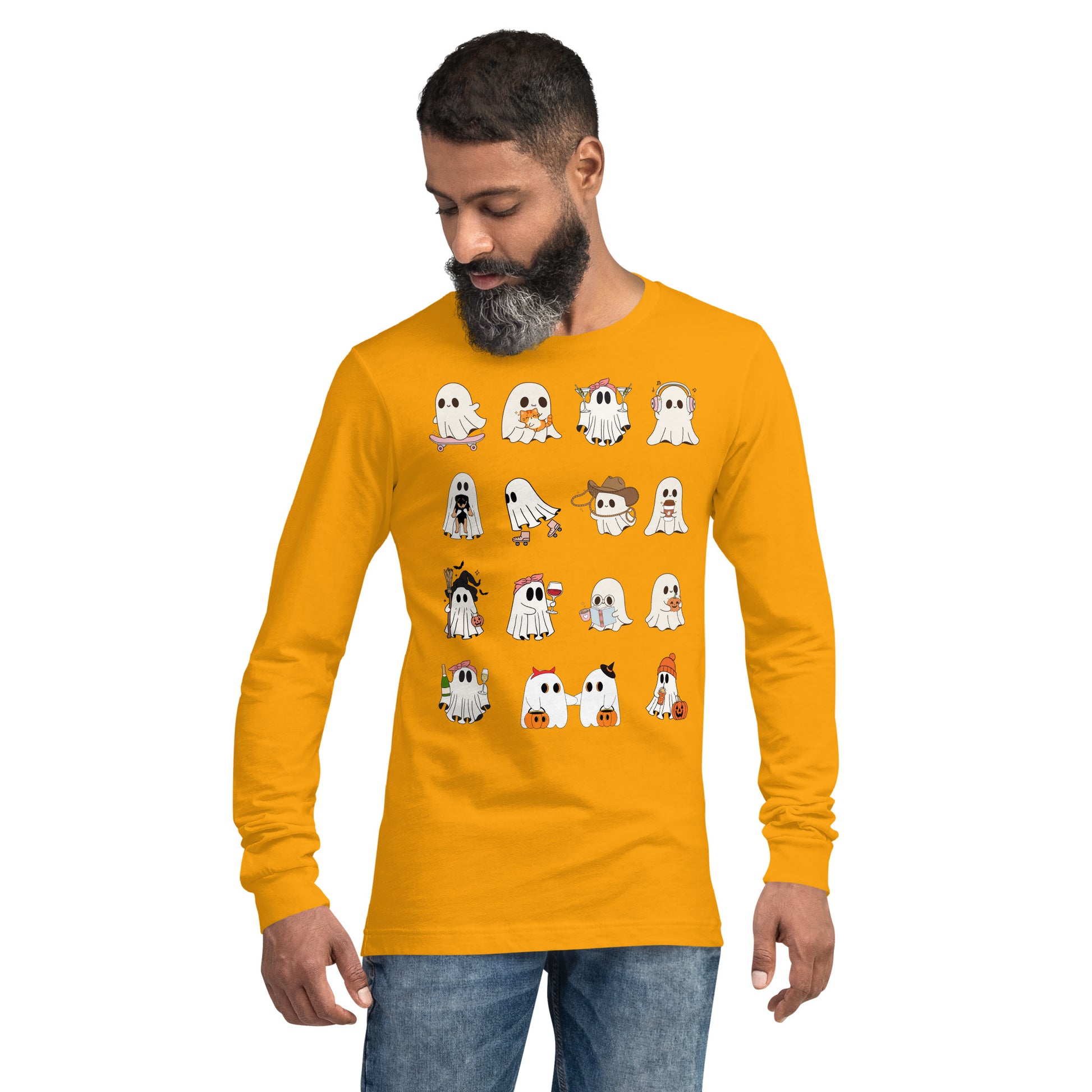 Spectral Long Sleeve Shirt - Left Placement image 45 in Heather Navy, size XL, showing front view for the Ghosts design.