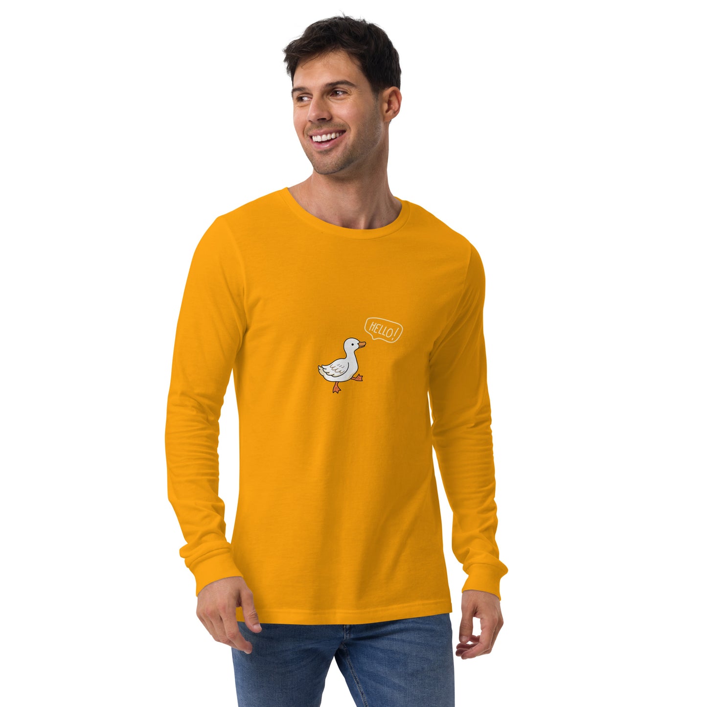 Quacksy Long Sleeve Shirt image 27 in Heather Forest, size M, showing front view for the Hello Duck design.