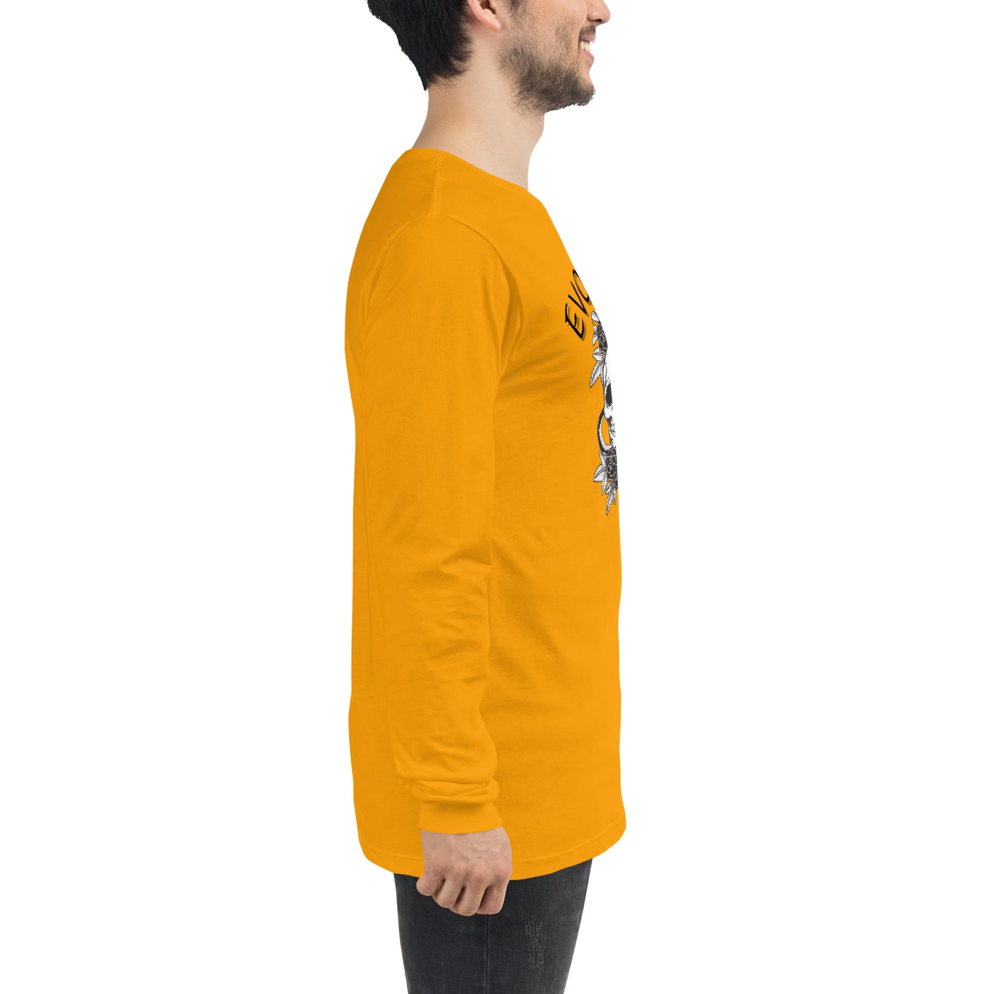 Image 70 of White Evolution Long Sleeve Shirt - Left Placement, size XS, with Evolution artwork visible in right-side angle.
