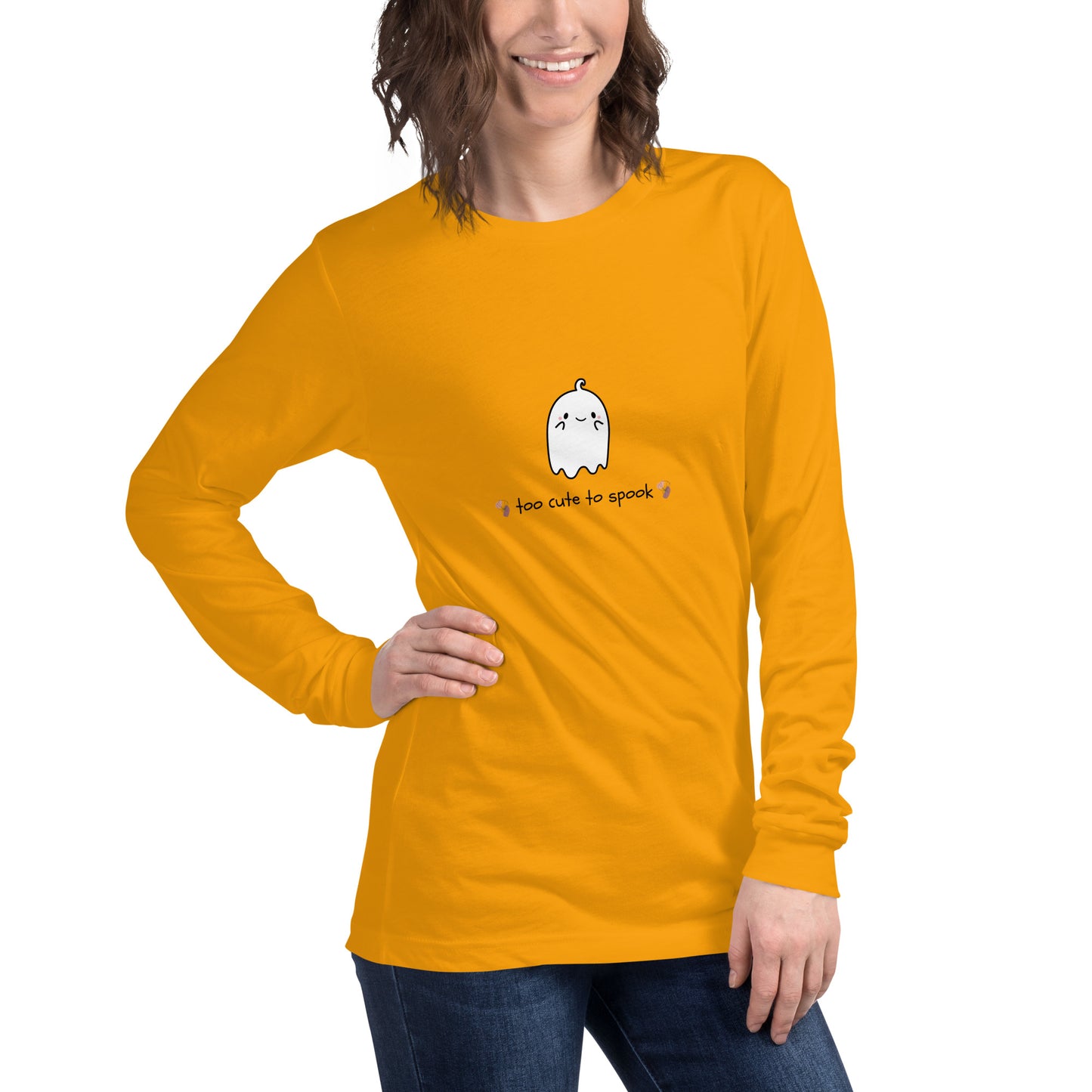 Cute Haunt Long Sleeve Shirt - Left Placement image 72: Gold version, size S with front view, right-side angle of the Too Cute to Spook range.