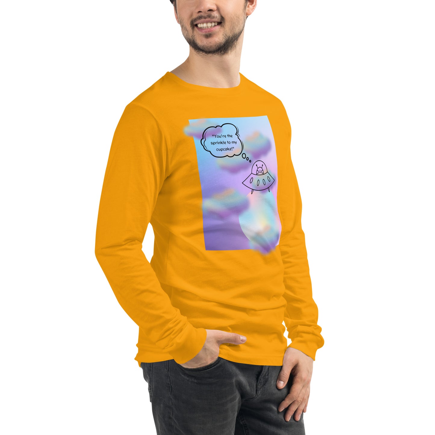 Image 72 of Gold Sprinkle Theory Long Sleeve Shirt - Left Placement, size S, with You're the Sprinkle to My Cupcake artwork visible in front view, right-side angle.