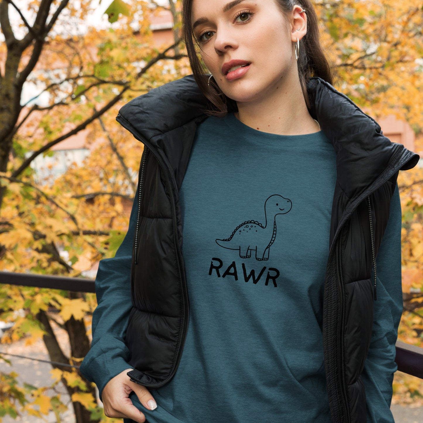 Image 23 of Heather Forest Wild Call Long Sleeve Shirt - Left Placement, size XL, with Rawr artwork visible in front view.