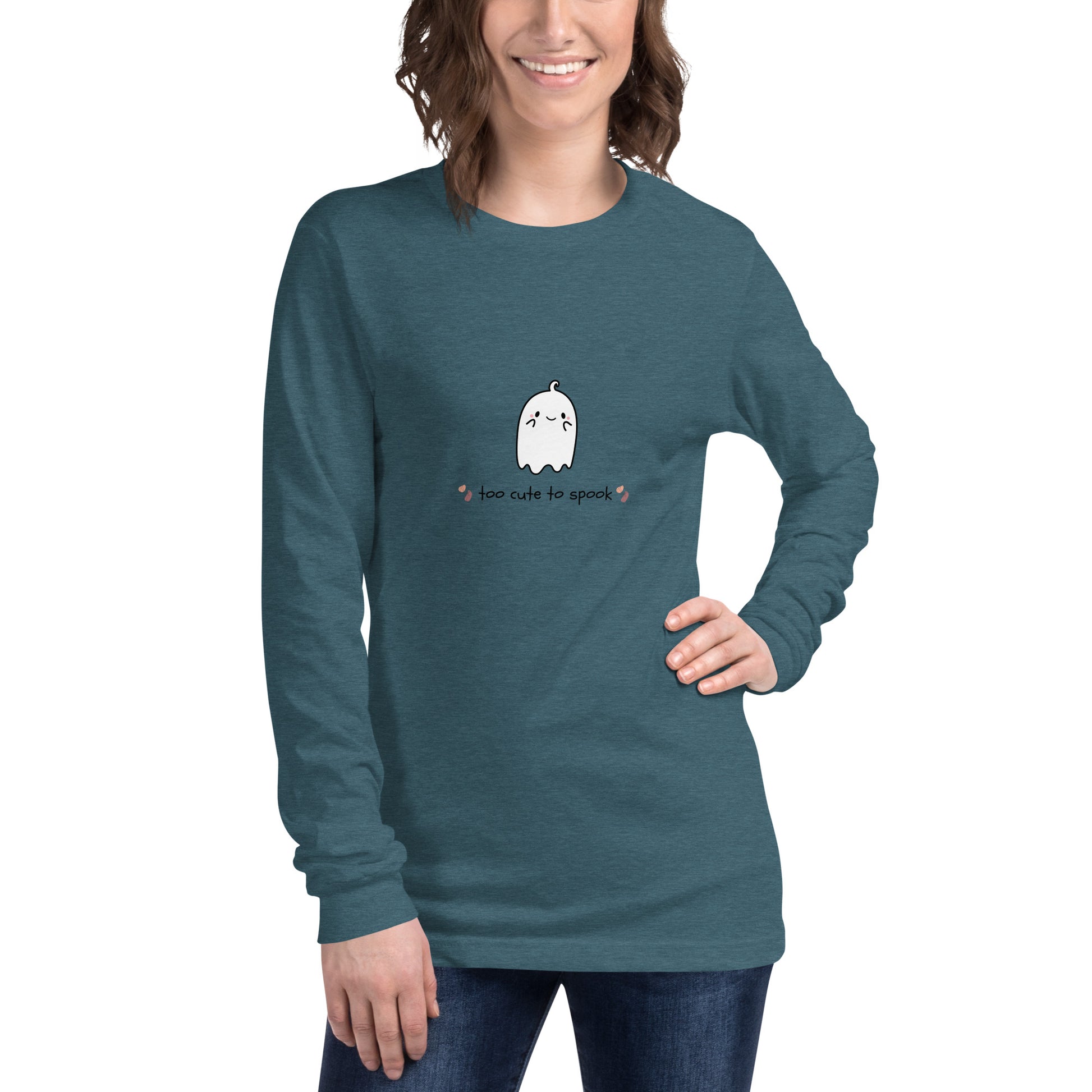 Image 61 of Heather Mauve Cute Haunt Long Sleeve Shirt - Left Placement, size XS, with Too Cute to Spook artwork visible in front view.
