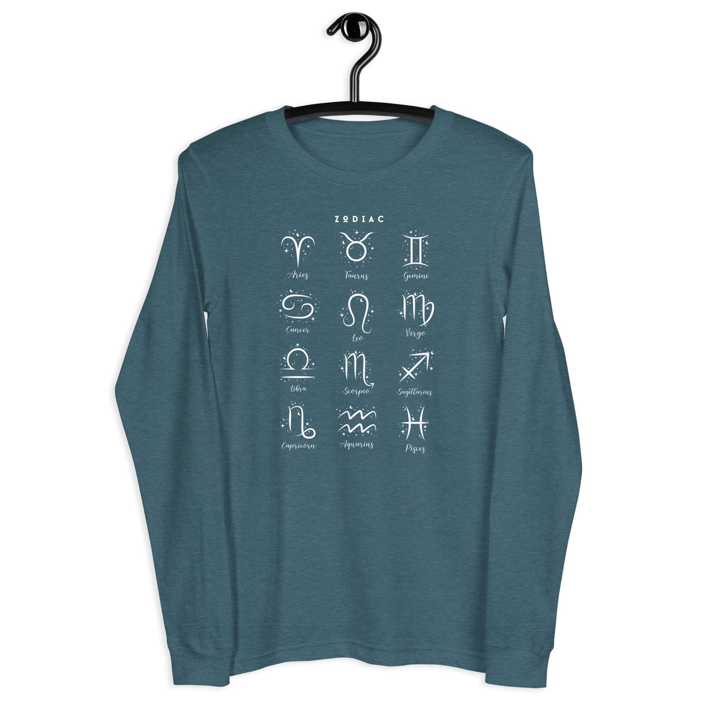 Image 19 of Maroon Astral Circle Long Sleeve Shirt - Left Placement, size XS, with Zodiac artwork visible in front view.