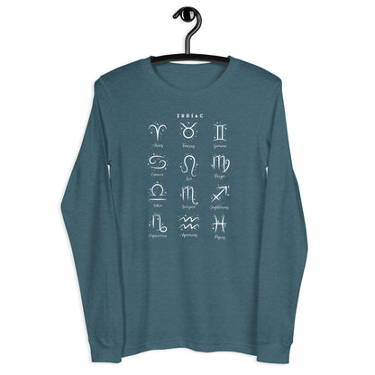 Image 19 of Maroon Astral Circle Long Sleeve Shirt - Left Placement, size XS, with Zodiac artwork visible in front view.