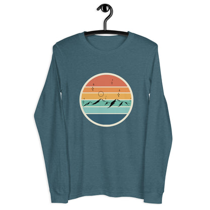 Image 19 of Maroon Summitline Long Sleeve Shirt - Left Placement, size XS, with Mountain Range artwork visible in front view.
