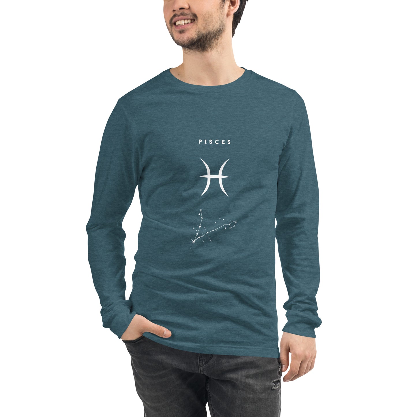 Tideborn Long Sleeve Shirt - Left Placement image 20: Maroon version, size S with front view of the Pisces range.