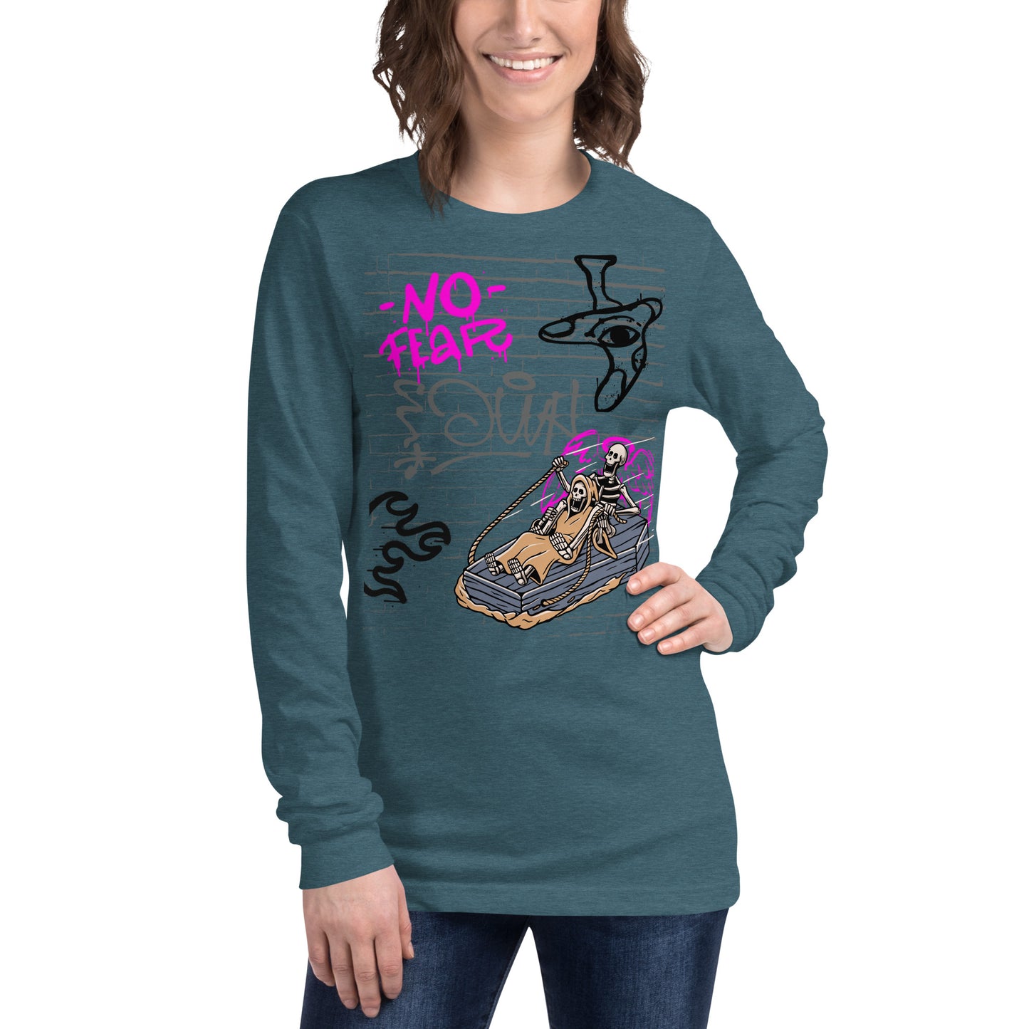Image 37 of Dark Grey Heather Fearless Long Sleeve Shirt - Left Placement, size XS, with No Fear artwork visible in front view.