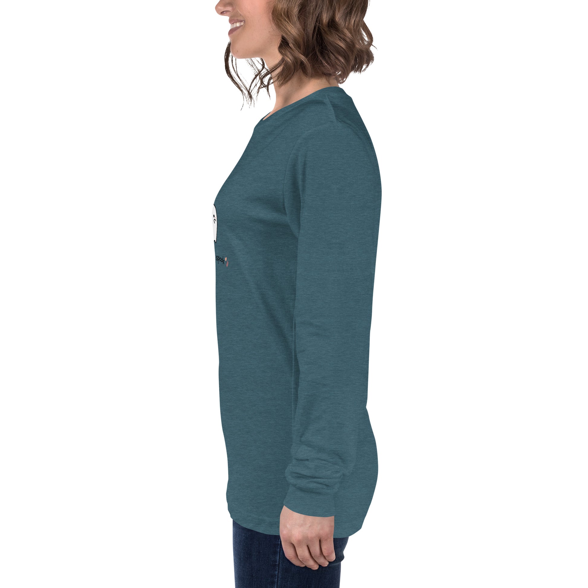 Cute Haunt Long Sleeve Shirt - Left Placement image 63 in Heather Mauve, size M, showing left-side angle for the Too Cute to Spook design.