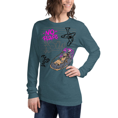Image 39 of Dark Grey Heather Fearless Long Sleeve Shirt - Left Placement, size M, with No Fear artwork visible in front view, left-side angle.