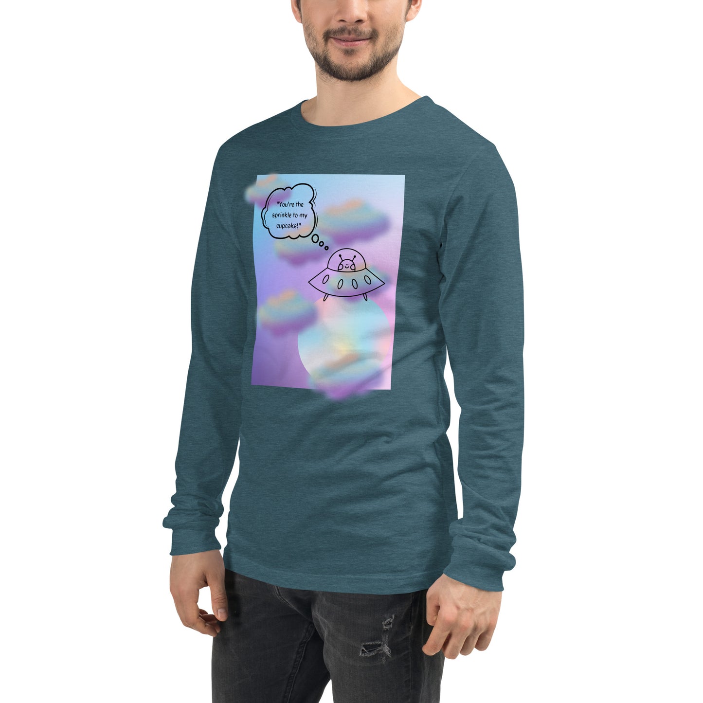 Image 65 of Heather Mauve Sprinkle Theory Long Sleeve Shirt - Left Placement, size XL, with You're the Sprinkle to My Cupcake artwork visible in front view, left-side angle.
