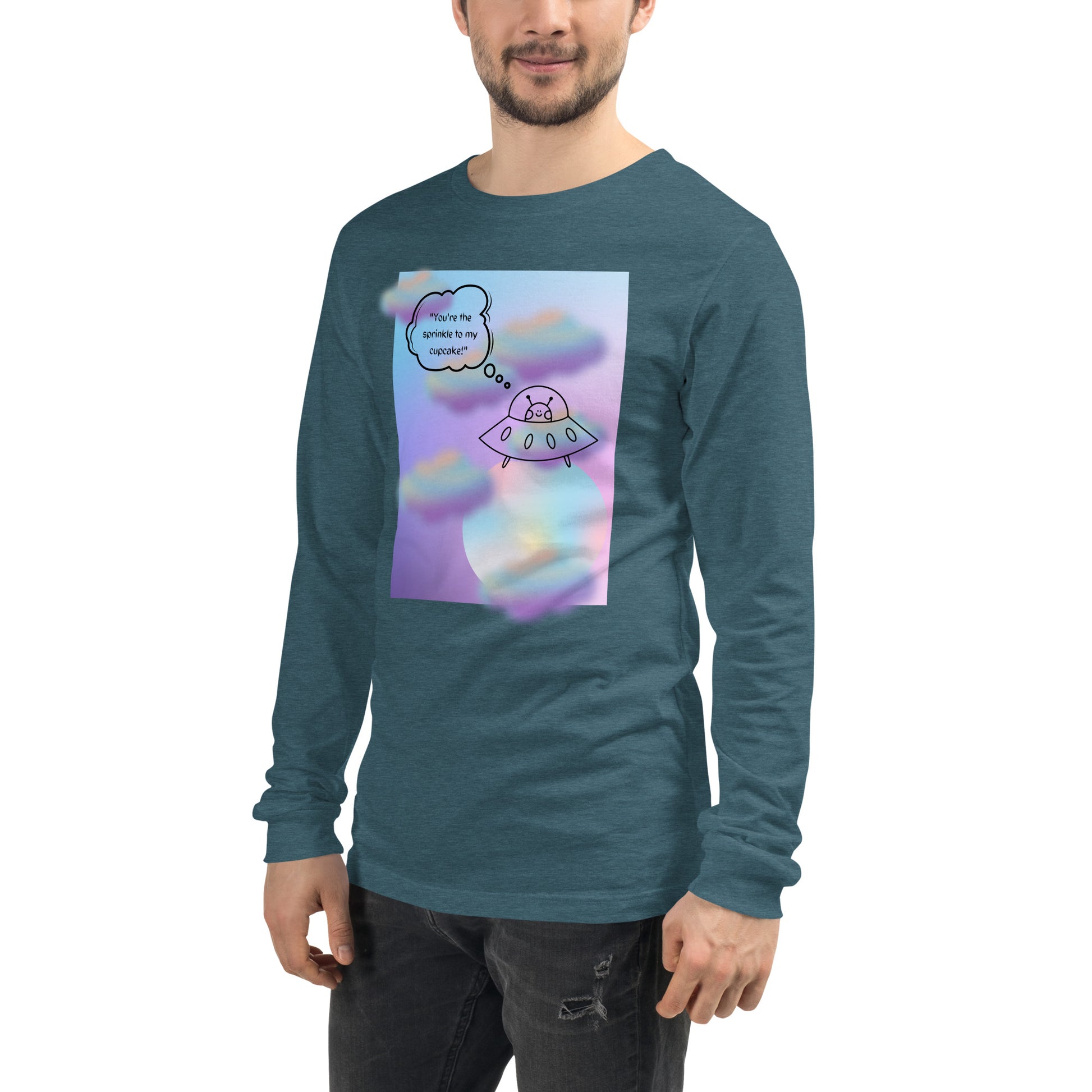 Image 65 of Heather Mauve Sprinkle Theory Long Sleeve Shirt - Left Placement, size XL, with You're the Sprinkle to My Cupcake artwork visible in front view, left-side angle.