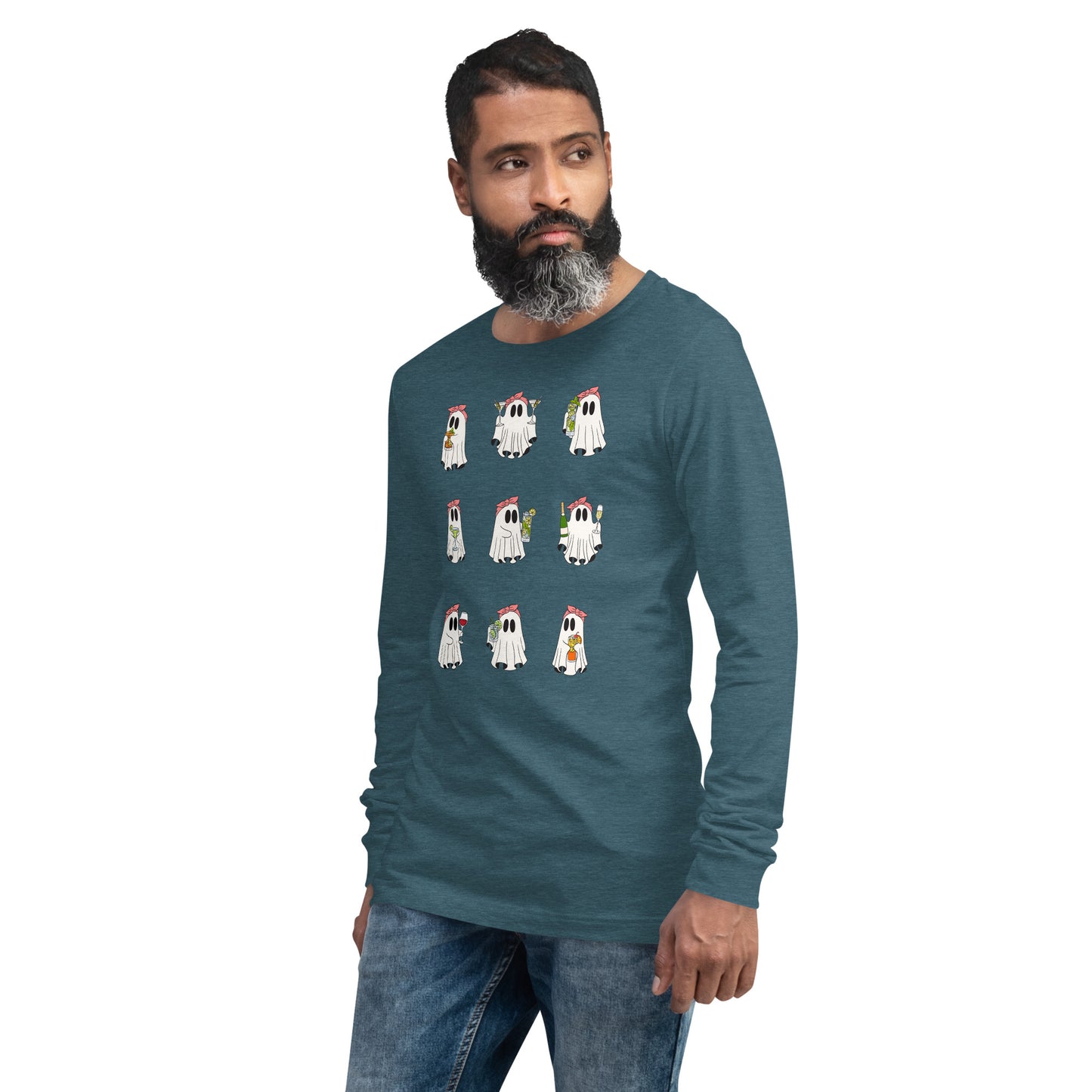 Little Haunts Long Sleeve Shirt - Left Placement image 43 in Heather Navy, size M, showing front view, left-side angle for the Ghosties 1 design.