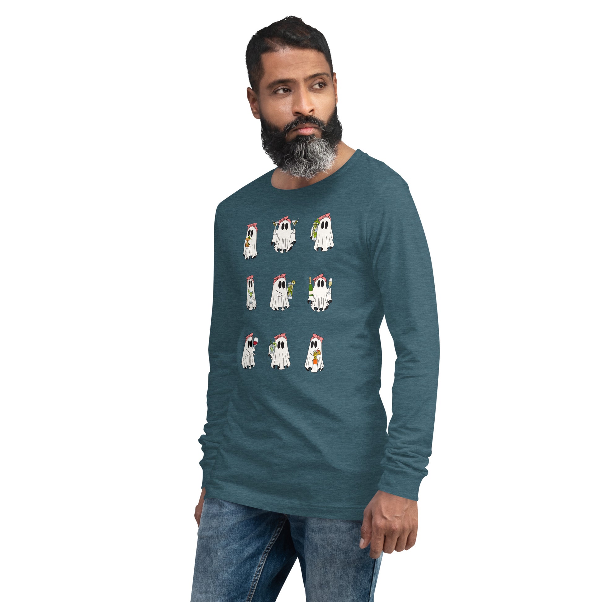 Little Haunts Long Sleeve Shirt - Left Placement image 43 in Heather Navy, size M, showing front view, left-side angle for the Ghosties 1 design.