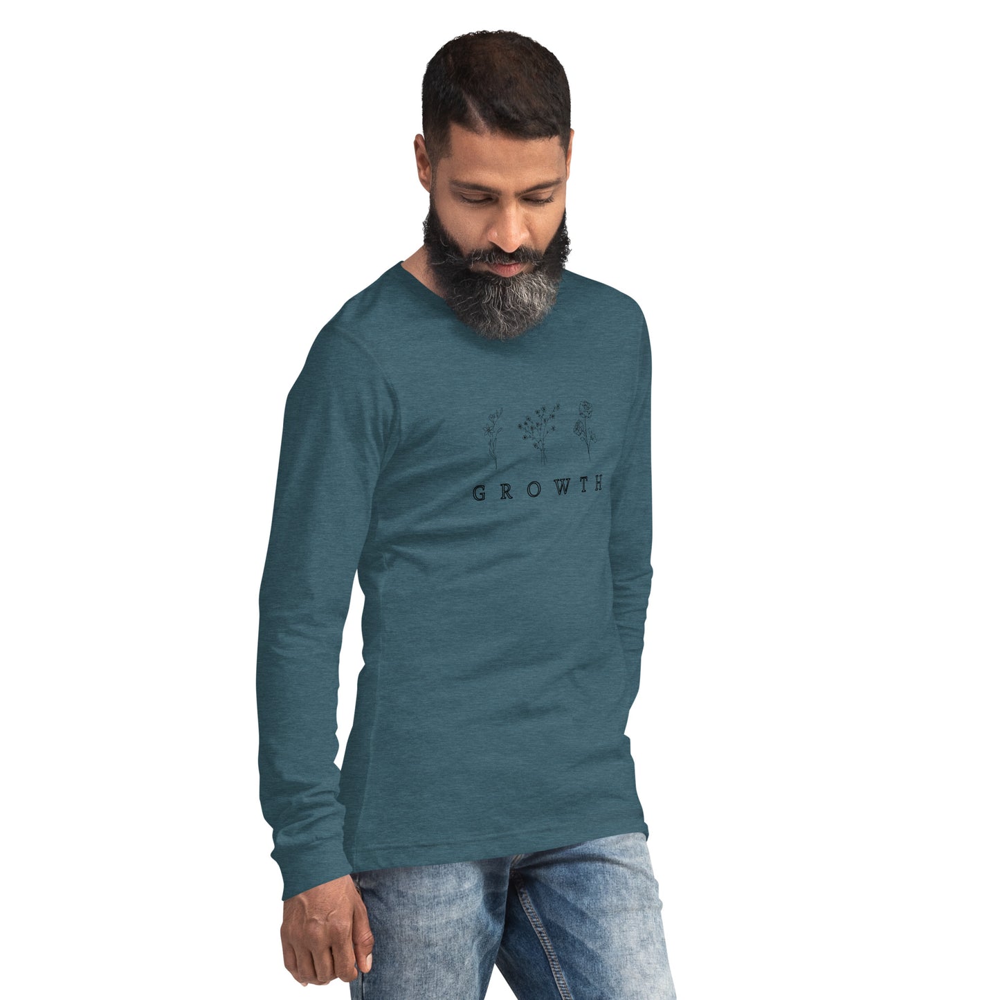 Growthline Long Sleeve Shirt - Left Placement product image 44 in Heather Navy, size L, with front view, right-side angle and left placement.