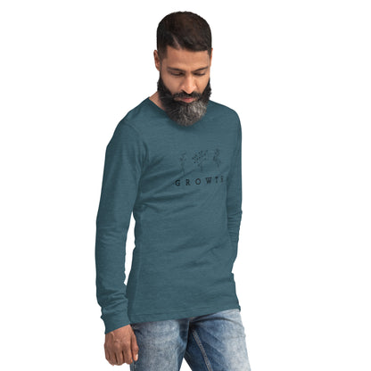 Growthline Long Sleeve Shirt - Left Placement product image 44 in Heather Navy, size L, with front view, right-side angle and left placement.
