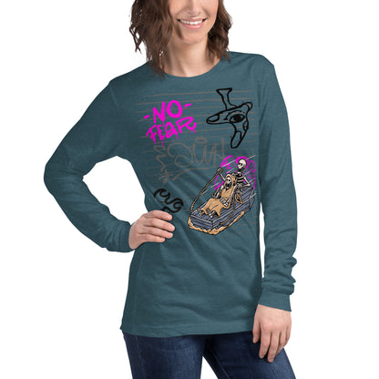Image 40 of Dark Grey Heather Fearless Long Sleeve Shirt - Left Placement, size L, with No Fear artwork visible in front view, right-side angle.