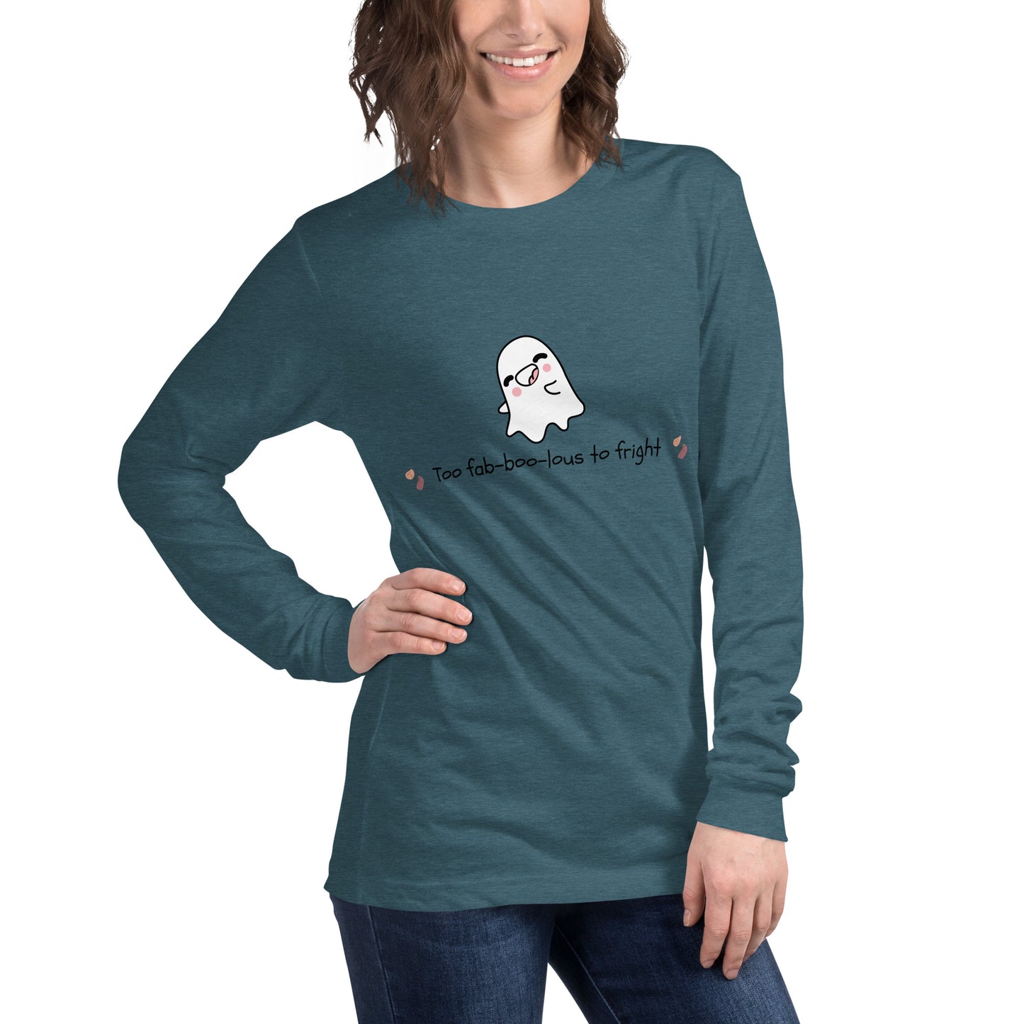 Boo Luxe Long Sleeve Shirt - Left Placement product image 32 in Heather Navy, size S, with front view, right-side angle and left placement.
