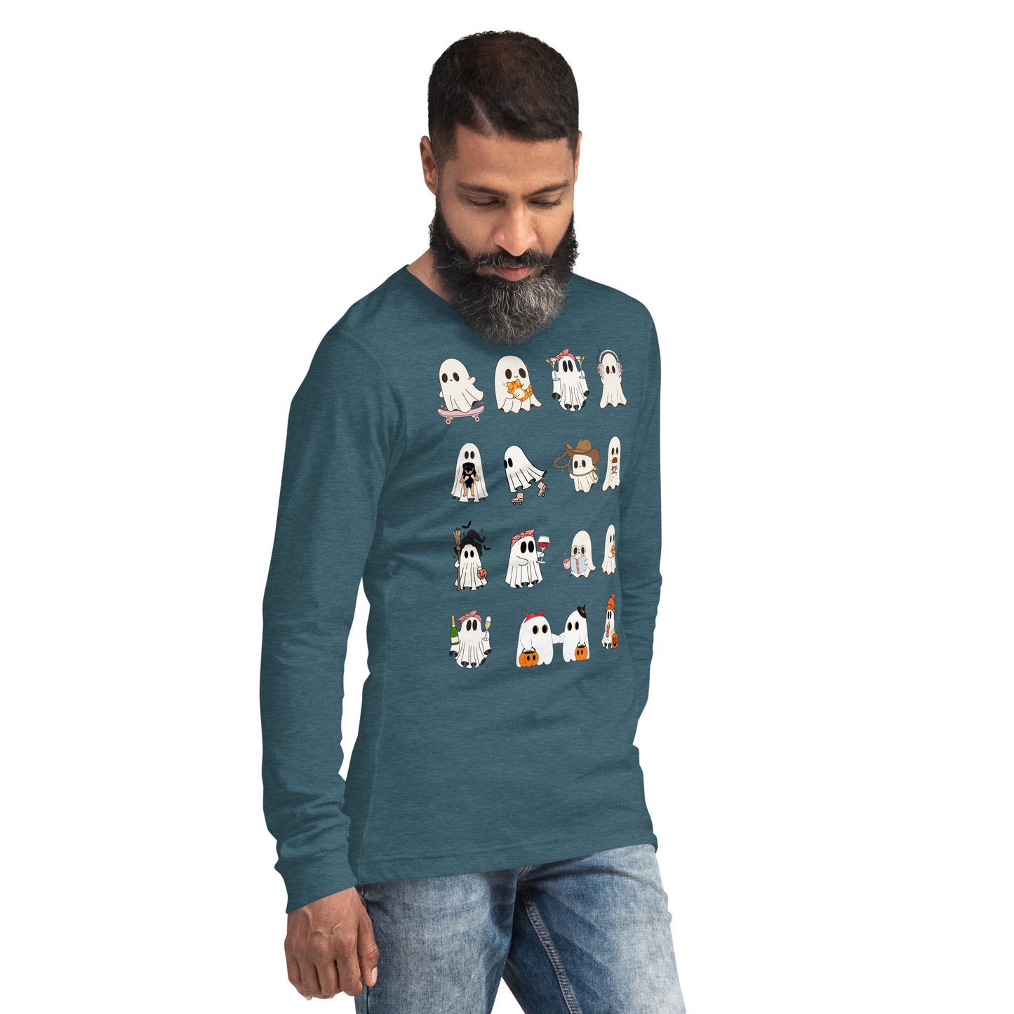 Spectral Long Sleeve Shirt - Left Placement image 44 in Heather Navy, size L, showing front view, right-side angle for the Ghosts design.
