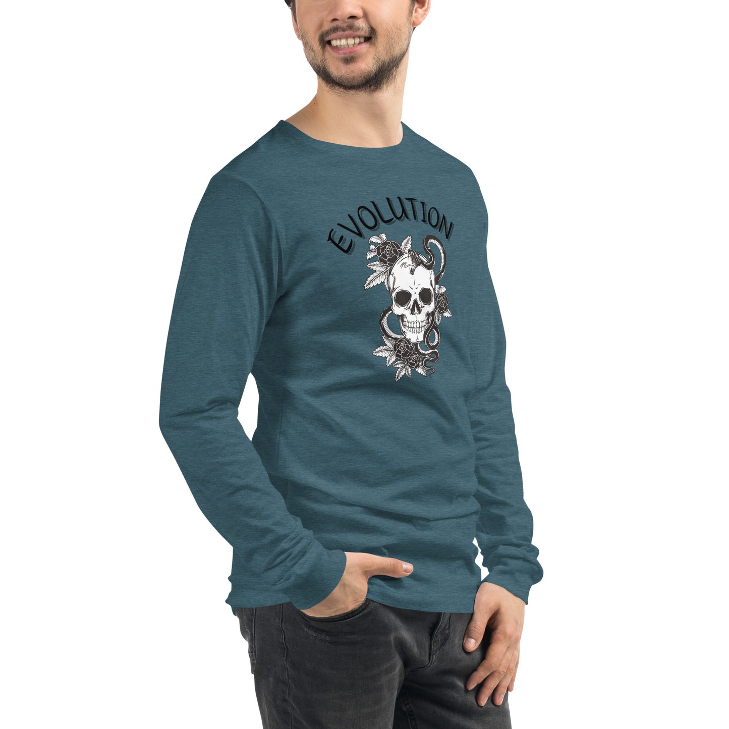 Image 66 of Athletic Heather Evolution Long Sleeve Shirt - Left Placement, size S, with Evolution artwork visible in front view, right-side angle.