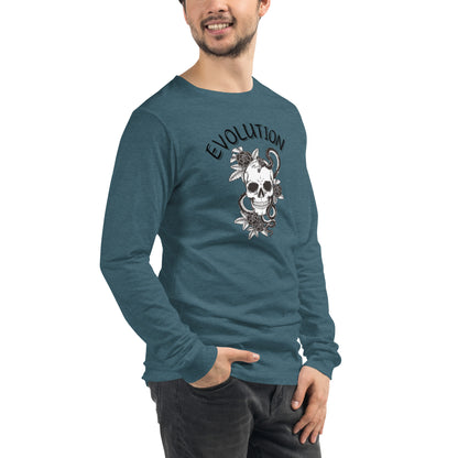 Image 66 of Athletic Heather Evolution Long Sleeve Shirt - Left Placement, size S, with Evolution artwork visible in front view, right-side angle.