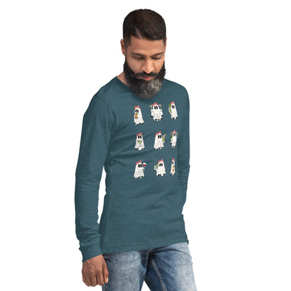 Image 44 of Heather Navy Little Haunts Long Sleeve Shirt - Left Placement, size L, with Ghosties 1 artwork visible in front view, right-side angle.
