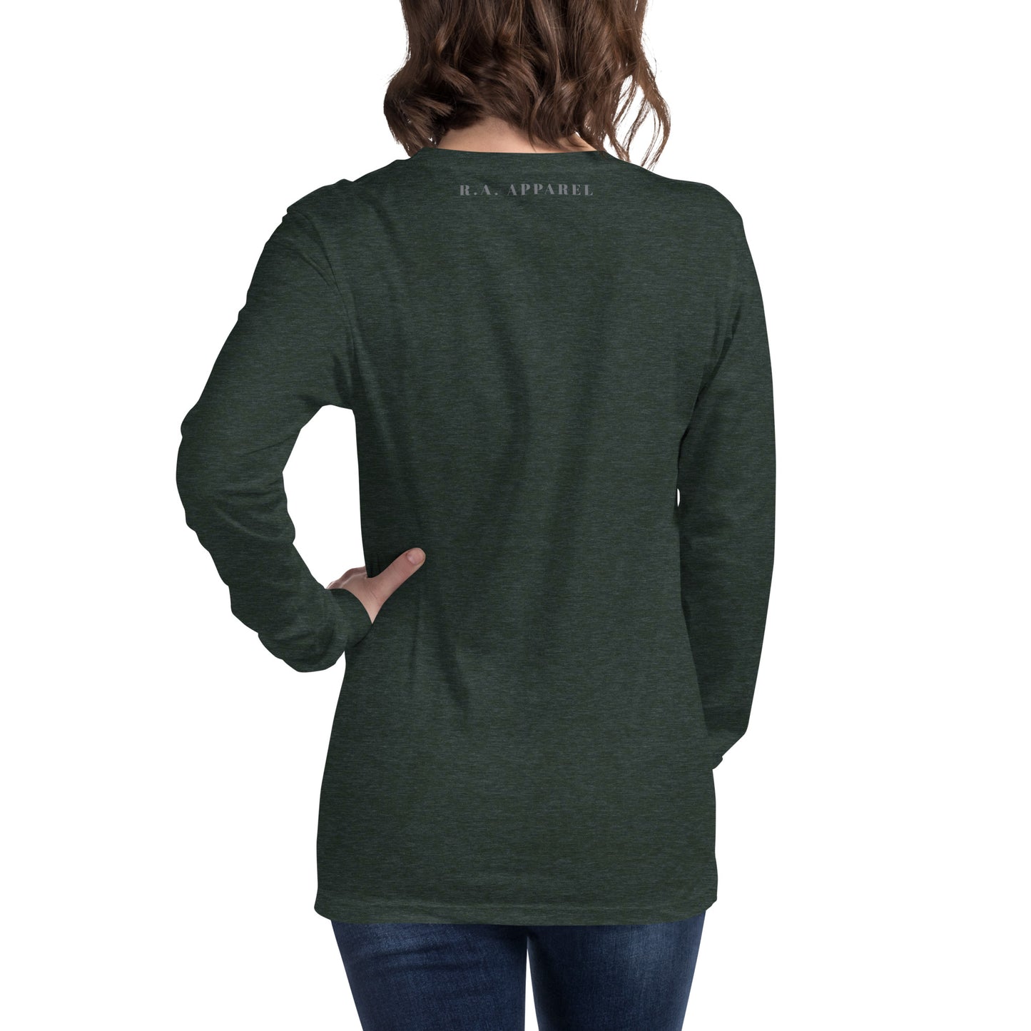 Fearless Long Sleeve Shirt - Left Placement image 58: Heather Deep Teal version, size L with back view of the No Fear range.