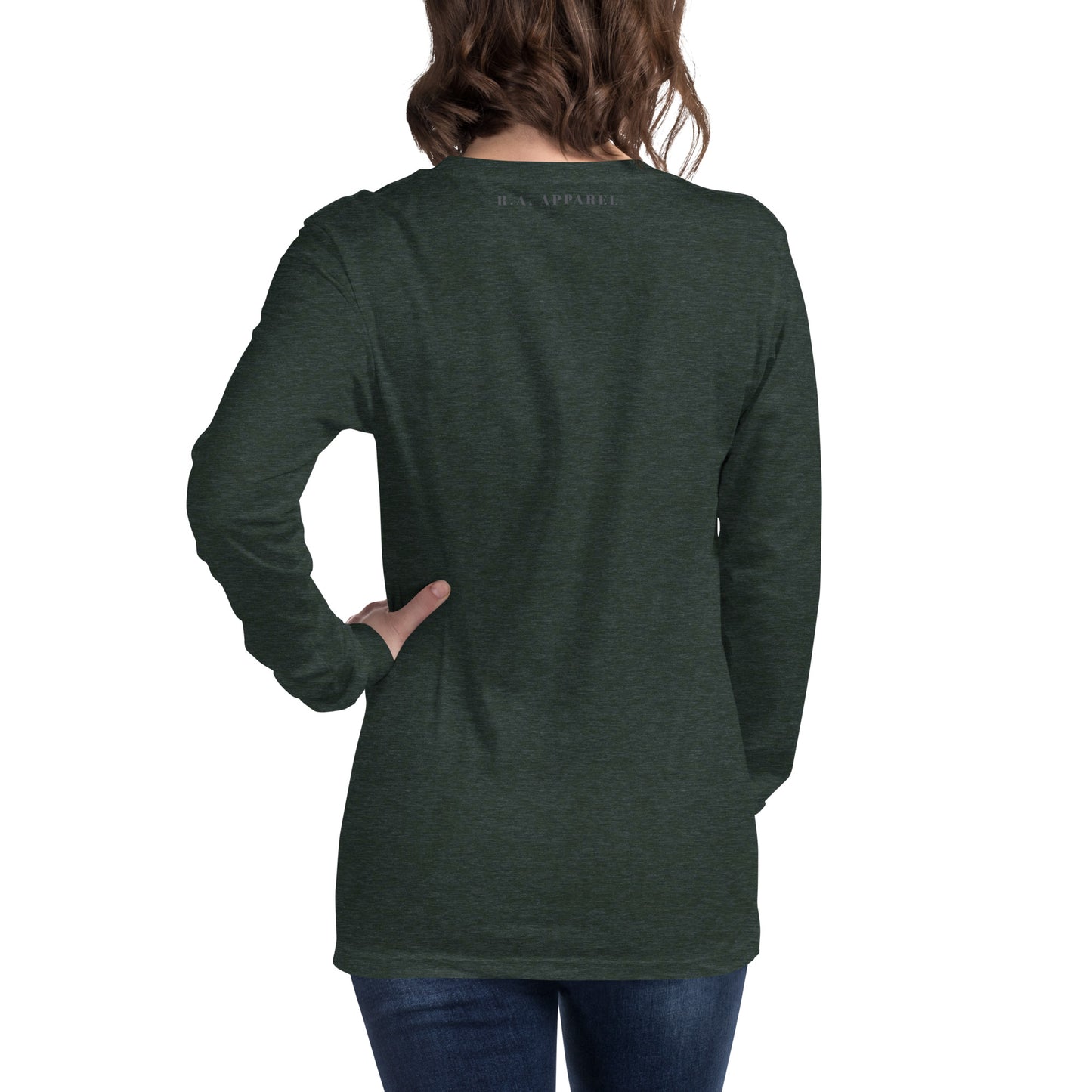 Boo Luxe Long Sleeve Shirt - Left Placement by R.A. Apparel, image 50, back view, Military Green, size S, left placement.