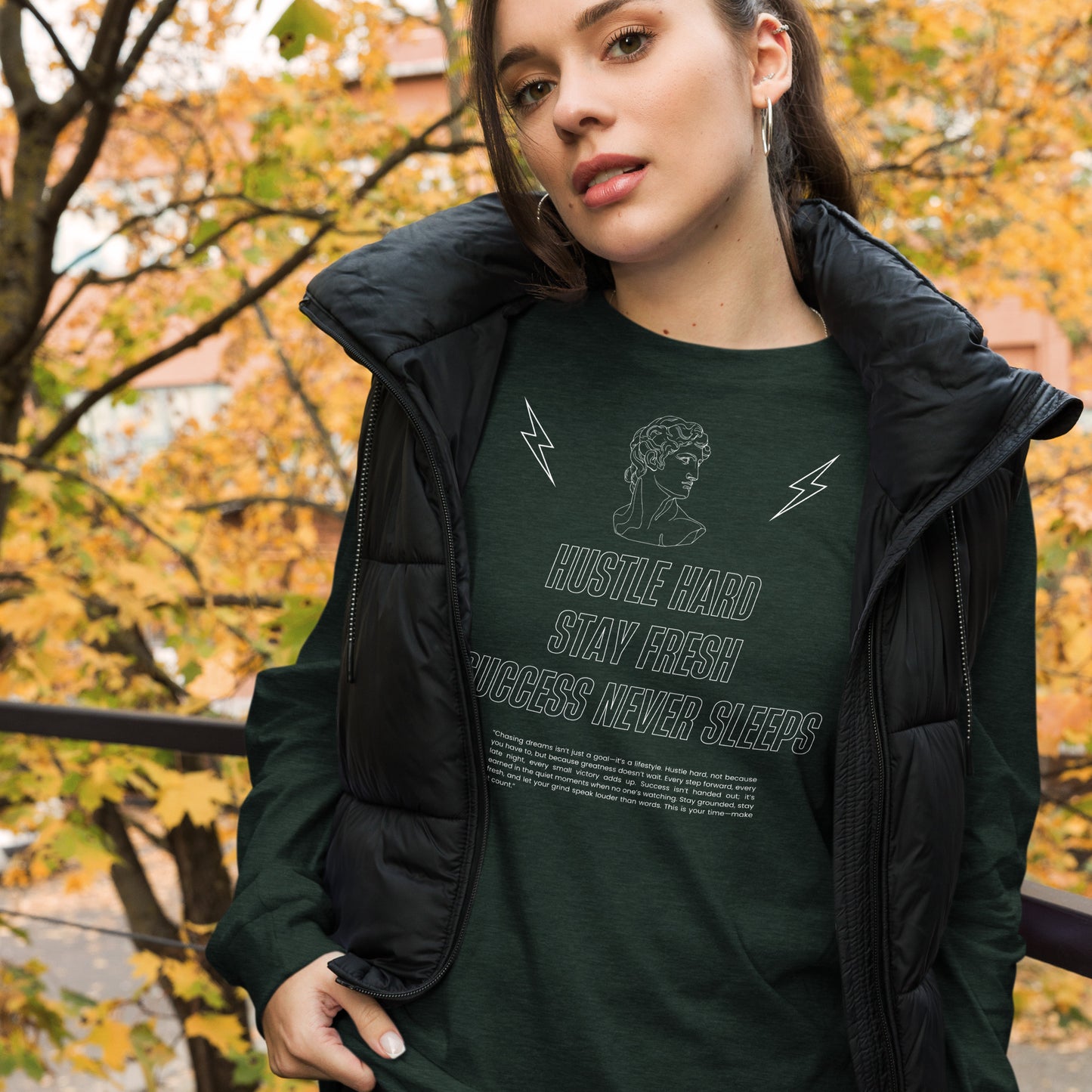Workrate Long Sleeve Shirt - Left Placement image 38 in Dark Grey Heather, size S, showing front view for the Hustle Hard design.