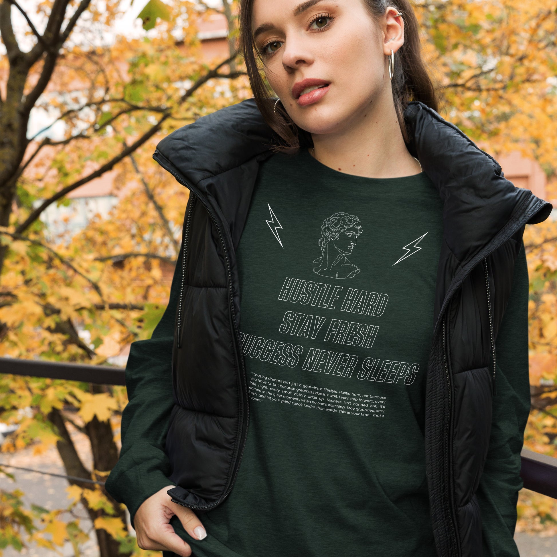 Workrate Long Sleeve Shirt - Left Placement image 38 in Dark Grey Heather, size S, showing front view for the Hustle Hard design.