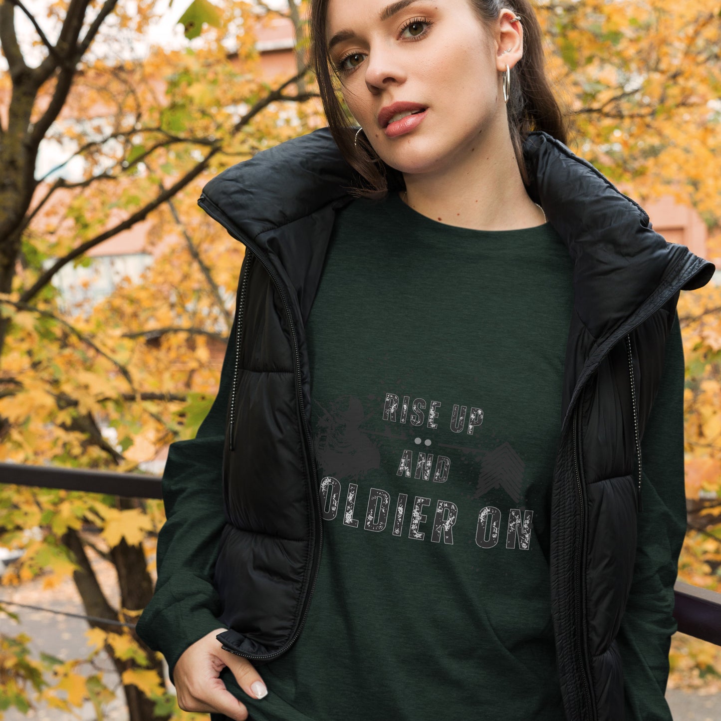 Fortitude Long Sleeve Shirt - Left Placement image 41 in Heather Navy, size XL, showing front view for the Soldier On design.