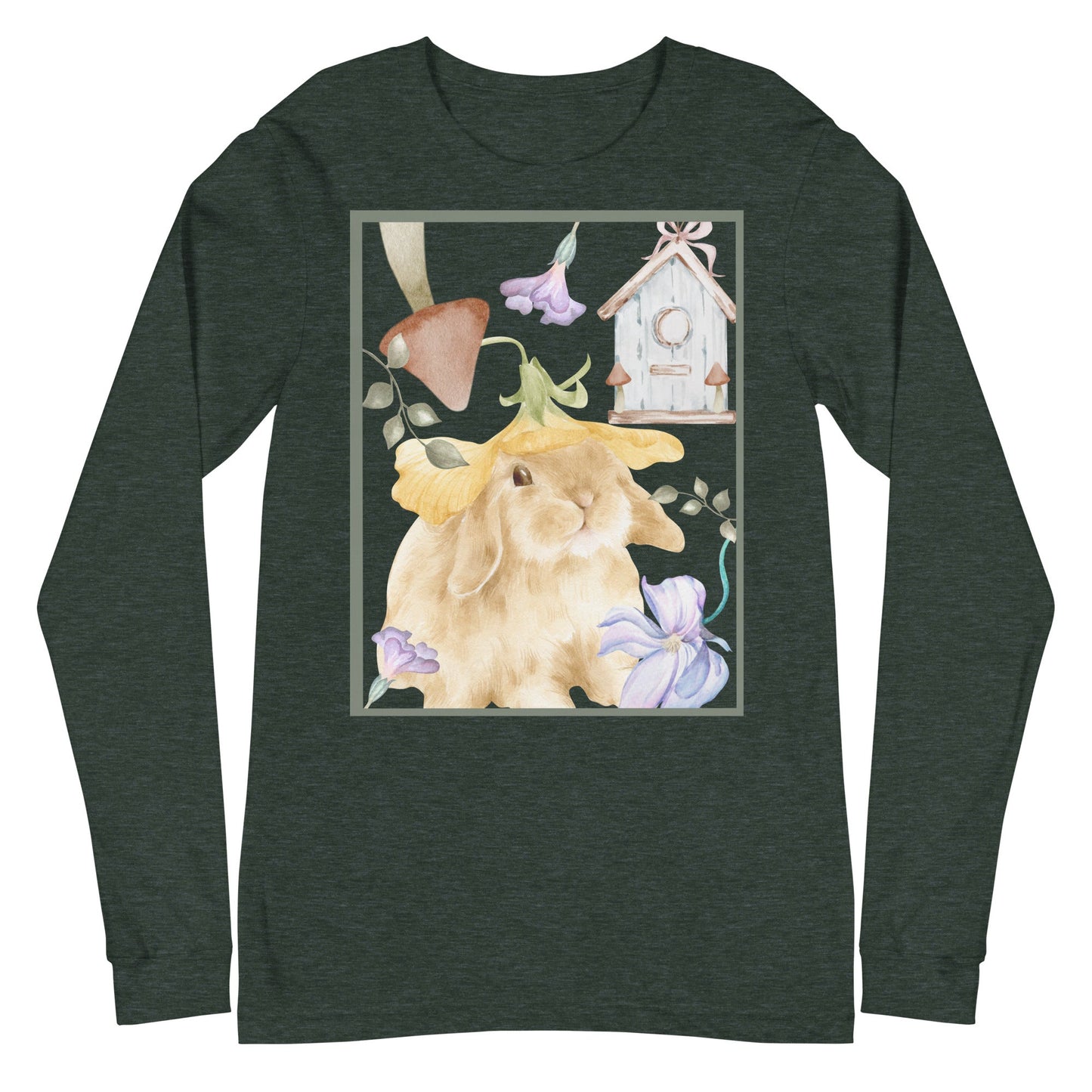 Image 6 of Black Meadow Club Long Sleeve Shirt - Left Placement, size XS, with Bunny Collage artwork visible in front view.