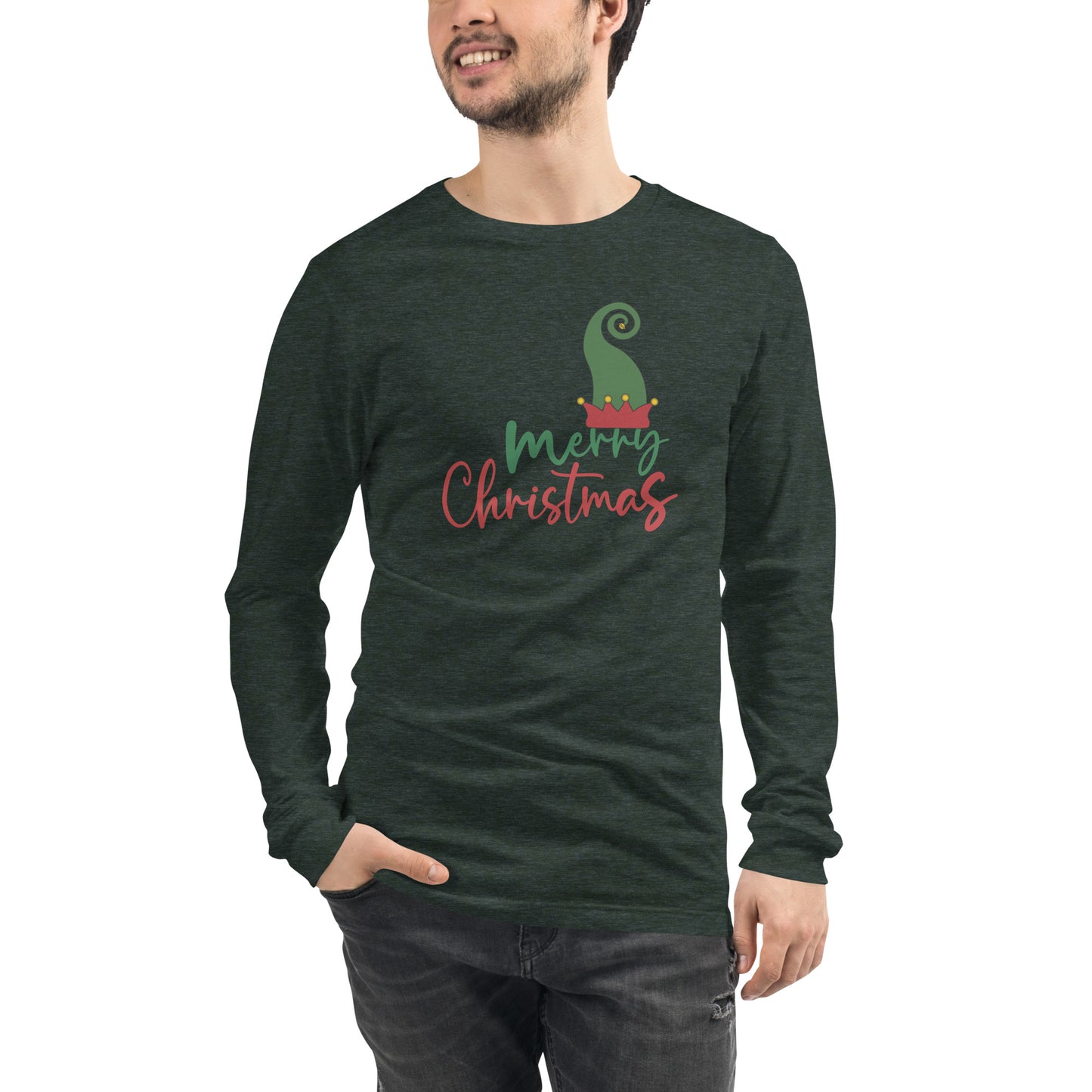Image 27 of Heather Forest Noelle Long Sleeve Shirt - Left Placement, size M, with Merry Christmas artwork visible in front view.