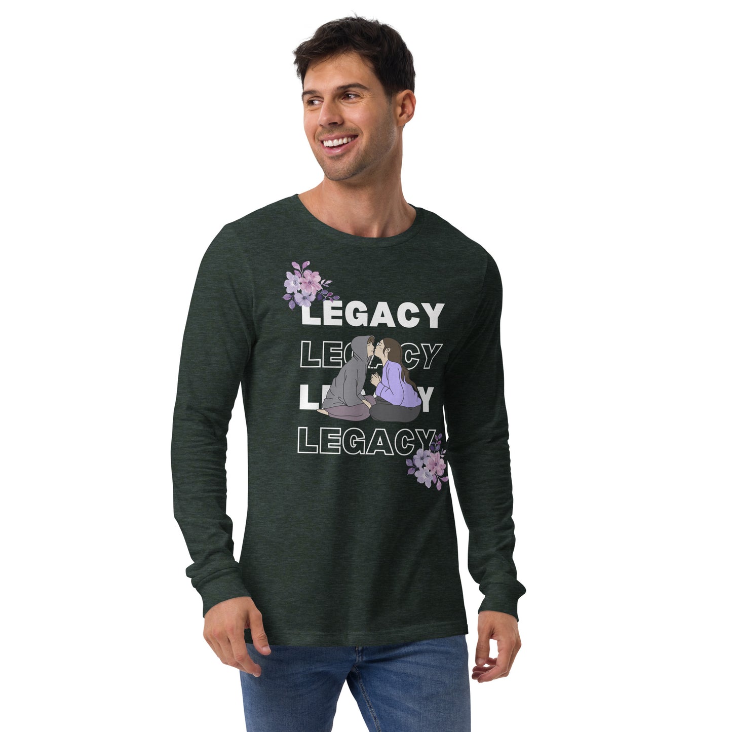 Heirloom Long Sleeve Shirt - Left Placement image 27: Heather Forest version, size S with front view of the Legacy range.