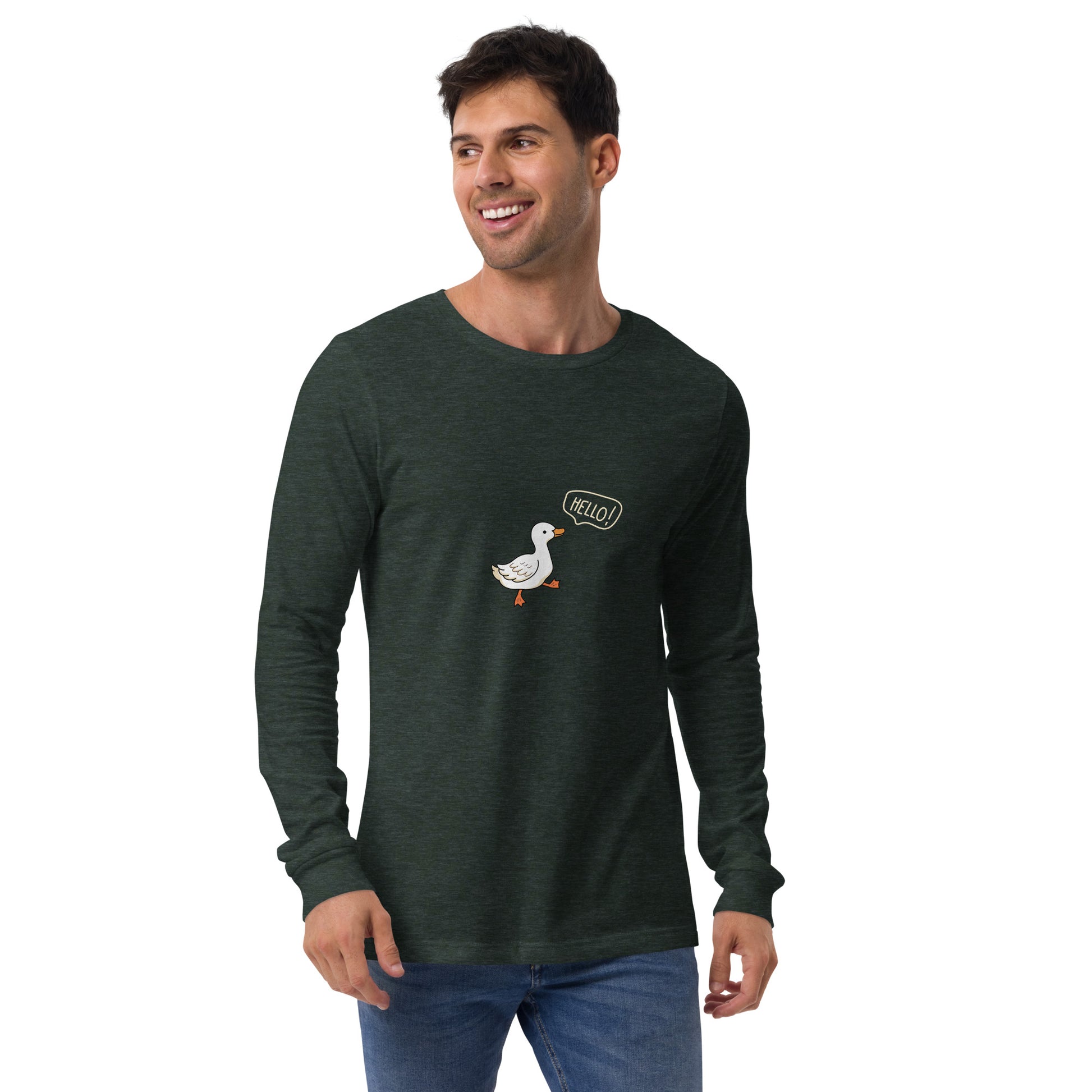 Quacksy Long Sleeve Shirt image 11 in Navy, size S, showing front view for the Hello Duck design.