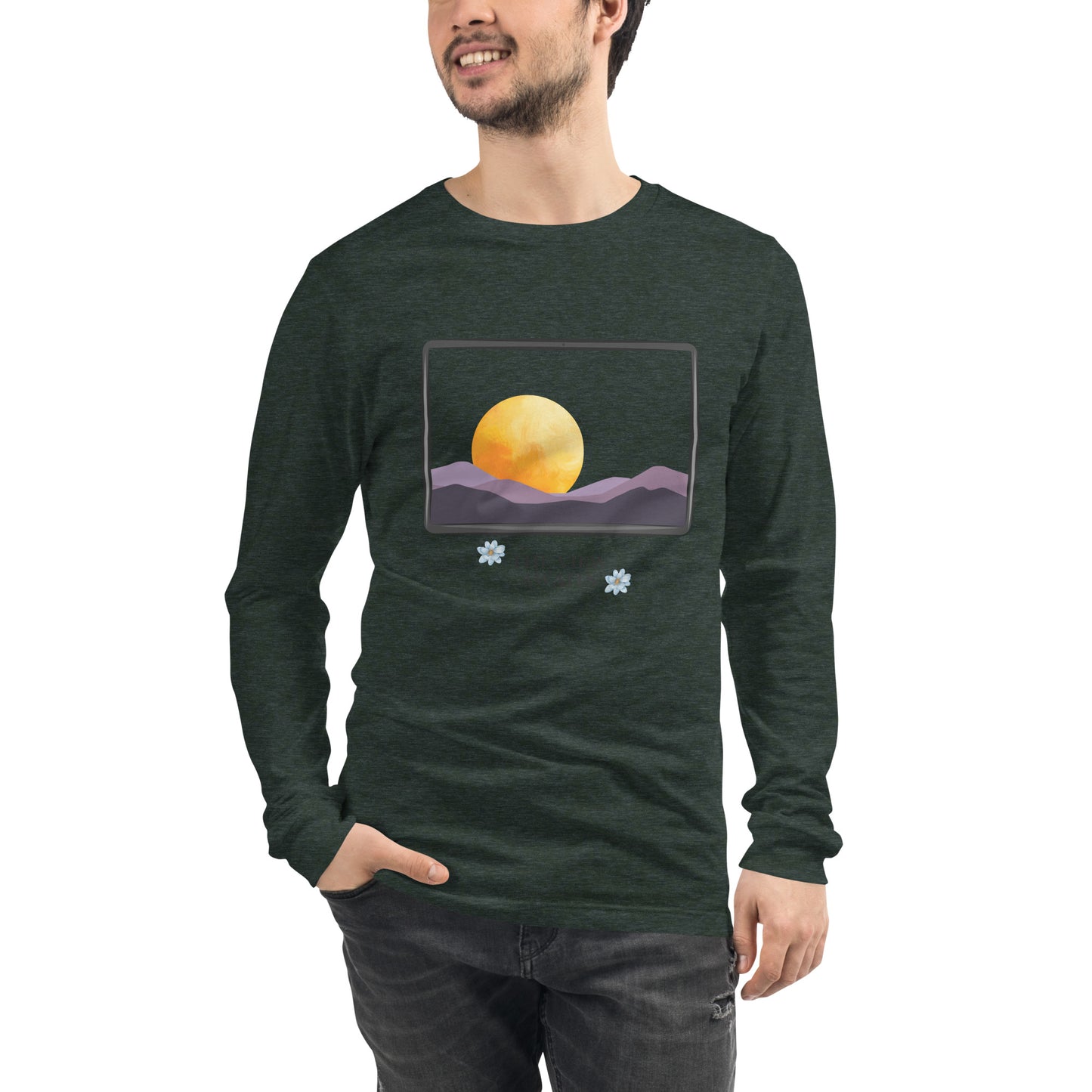 Image 31 of Dark Grey Heather Avenor Long Sleeve Shirt, size S, with The View Awaits artwork visible in front view.