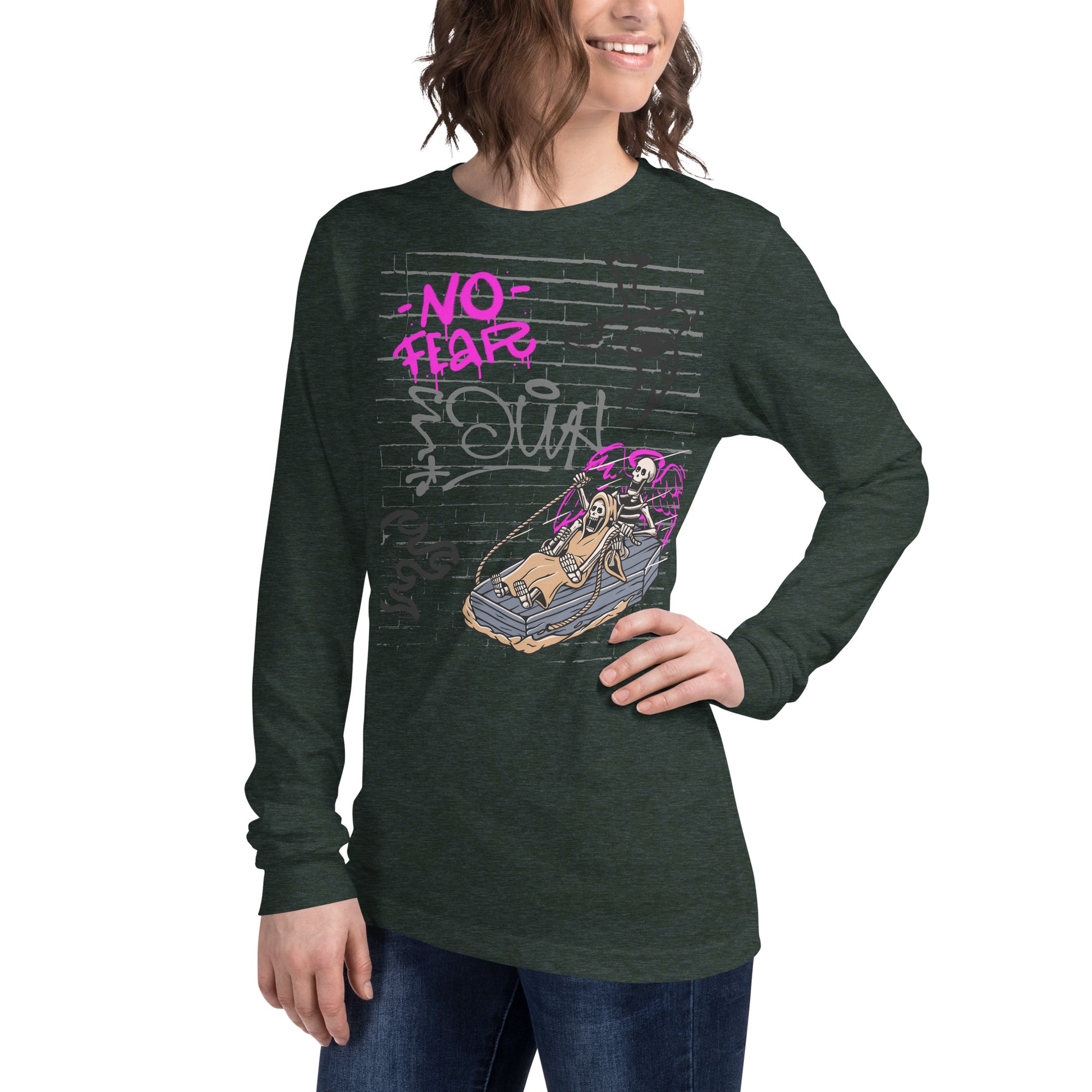 Image 59 of Heather Deep Teal Fearless Long Sleeve Shirt - Left Placement, size XL, with No Fear artwork visible in front view, left-side angle.