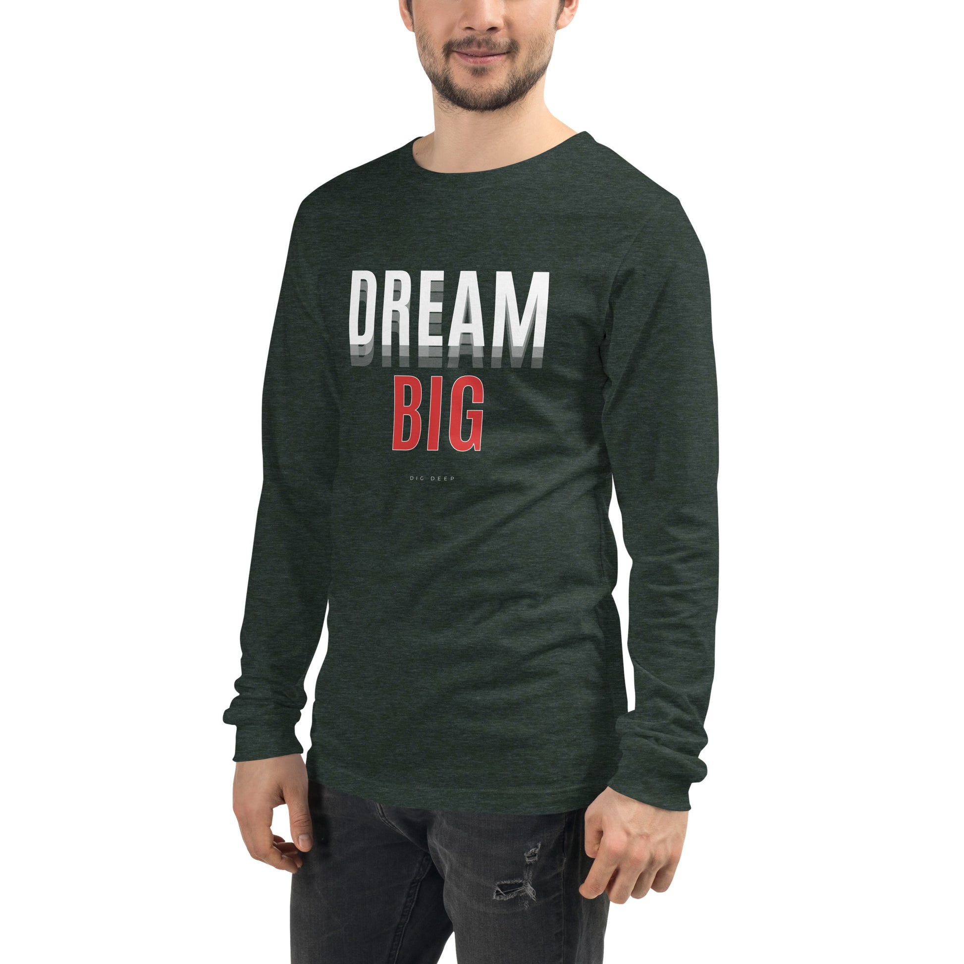 Skyline Dream Long Sleeve Shirt - Left Placement image 55: Military Green version, size XL with front view, left-side angle of the Dream Big range.