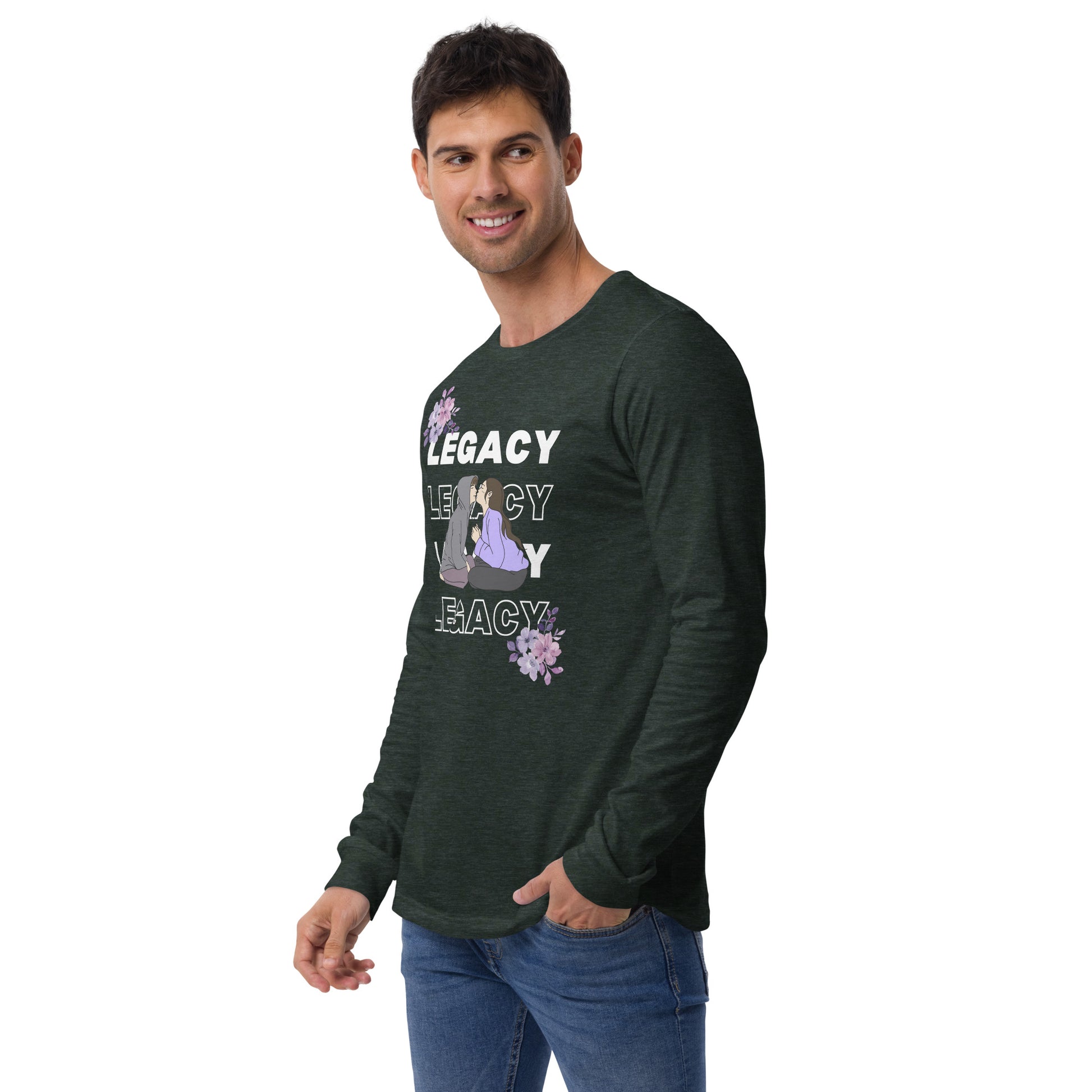 Heirloom Long Sleeve Shirt - Left Placement image 28: Heather Forest version, size M with front view, left-side angle of the Legacy range.