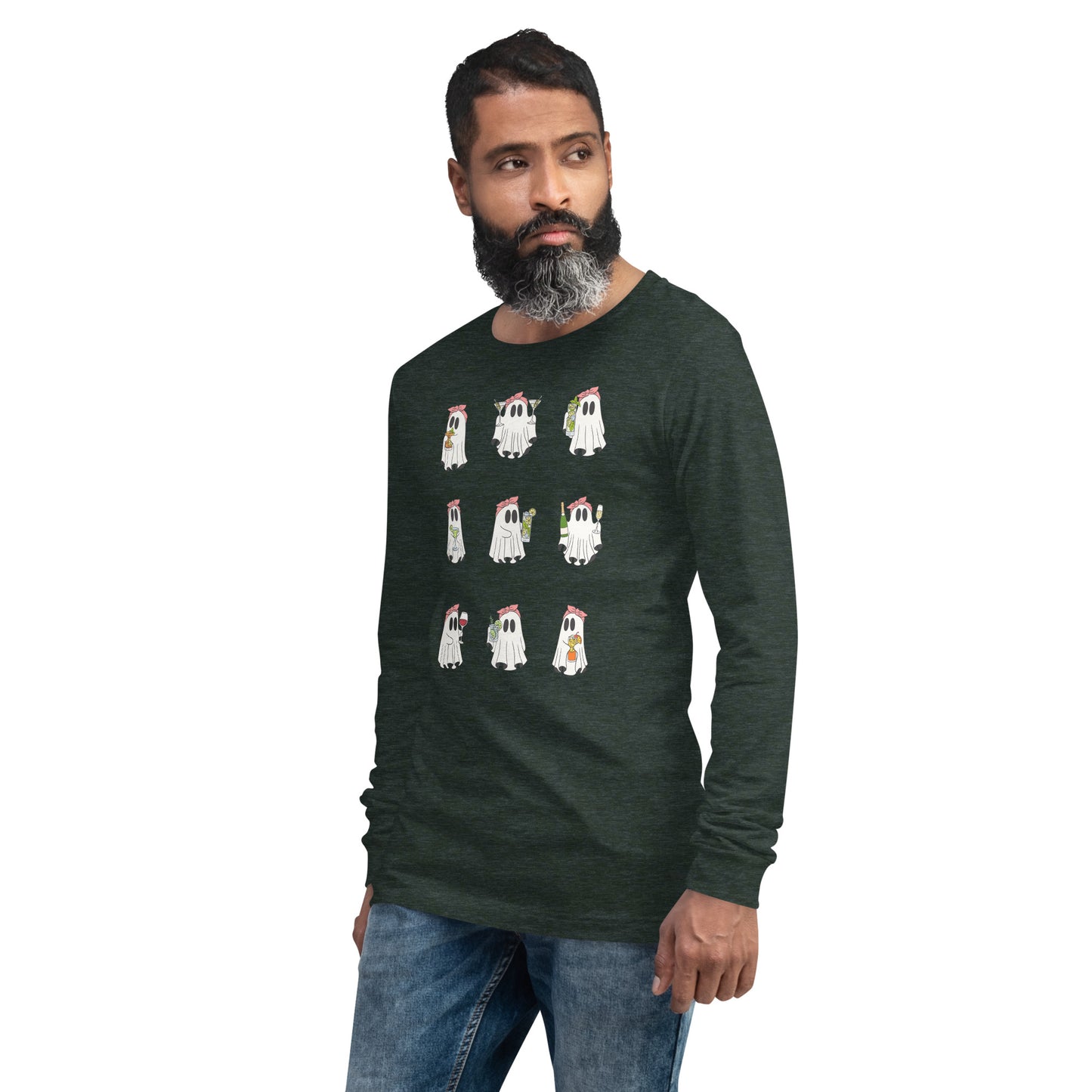 Image 63 of Heather Mauve Little Haunts Long Sleeve Shirt - Left Placement, size M, with Ghosties 1 artwork visible in front view, left-side angle.