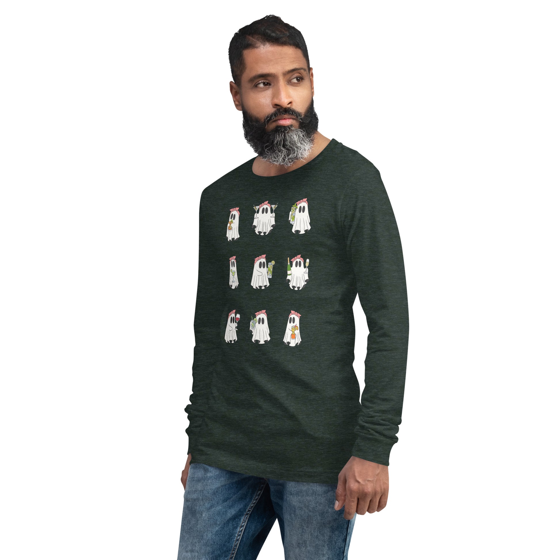 Image 63 of Heather Mauve Little Haunts Long Sleeve Shirt - Left Placement, size M, with Ghosties 1 artwork visible in front view, left-side angle.
