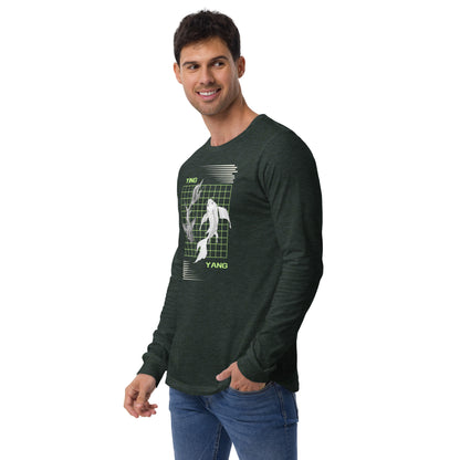 Image 12 of Navy Equinoxe Long Sleeve Shirt, size M, with Ying and Yang artwork visible in front view, left-side angle.