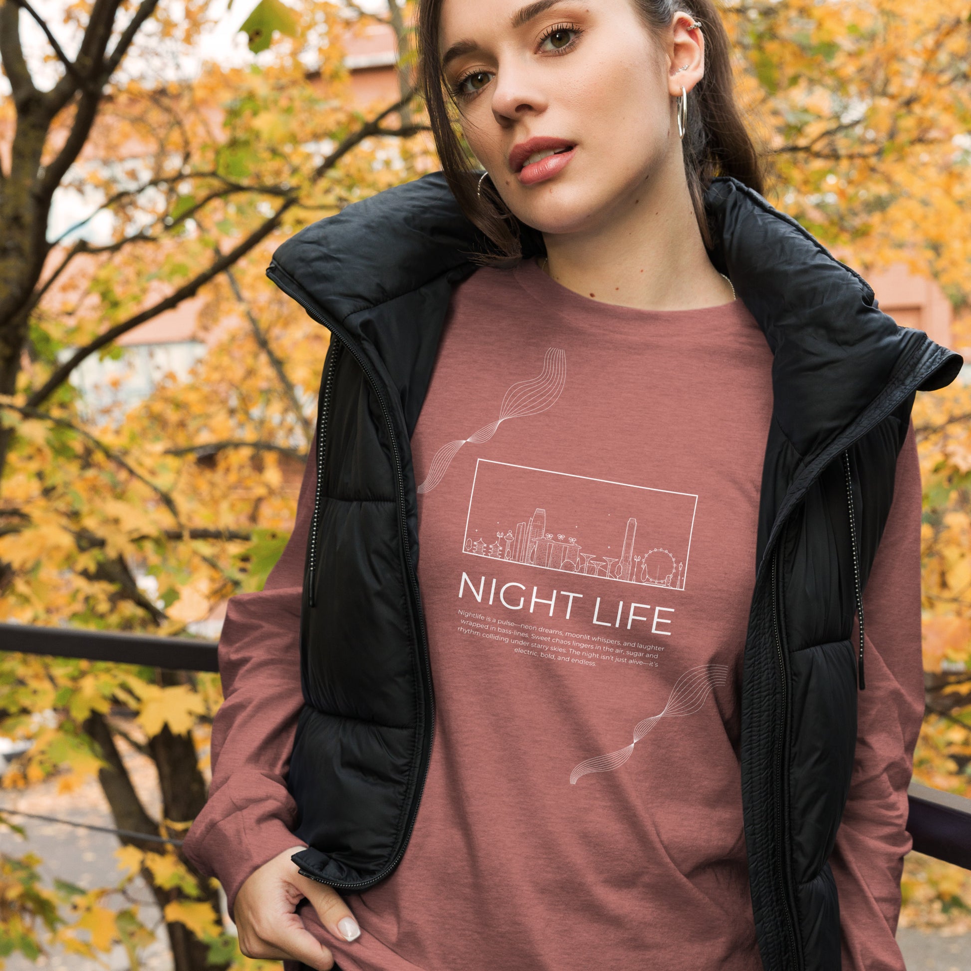Afterhours Long Sleeve Shirt - Left Placement image 20: Maroon version, size S with front view of the Night Life range.