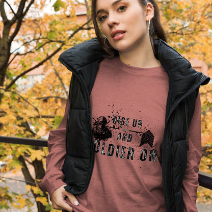 Fortitude Long Sleeve Shirt - Left Placement image 23: Heather Forest version, size XL with front view of the Soldier On range.