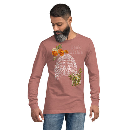 Image 15 of Navy Innerline Long Sleeve Shirt - Left Placement, size M, with Look Within artwork visible in front view.