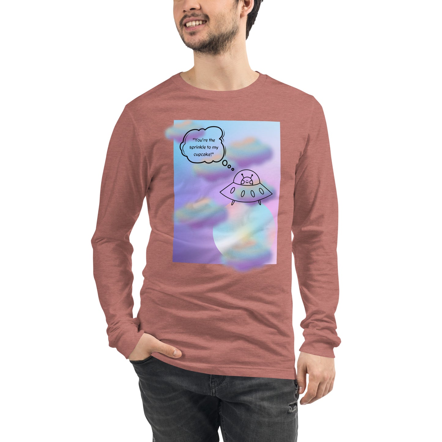 Sprinkle Theory Long Sleeve Shirt - Left Placement image 49 in Heather Deep Teal, size L, showing front view for the You're the Sprinkle to My Cupcake design.
