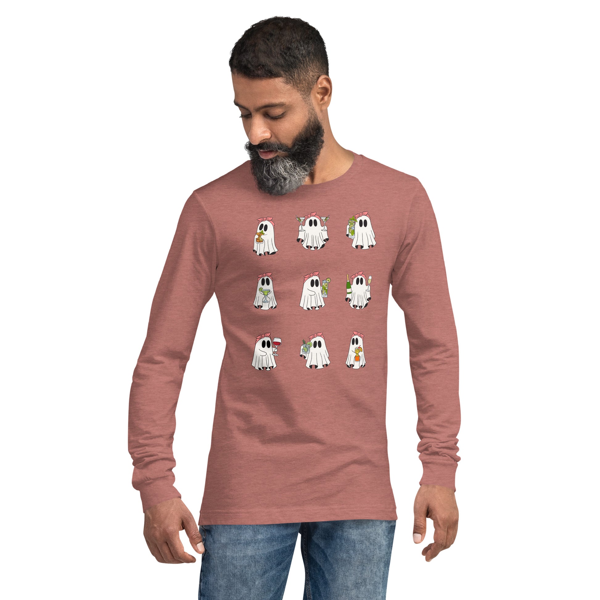 Little Haunts Long Sleeve Shirt - Left Placement image 33: Dark Grey Heather version, size M with front view of the Ghosties 1 range.